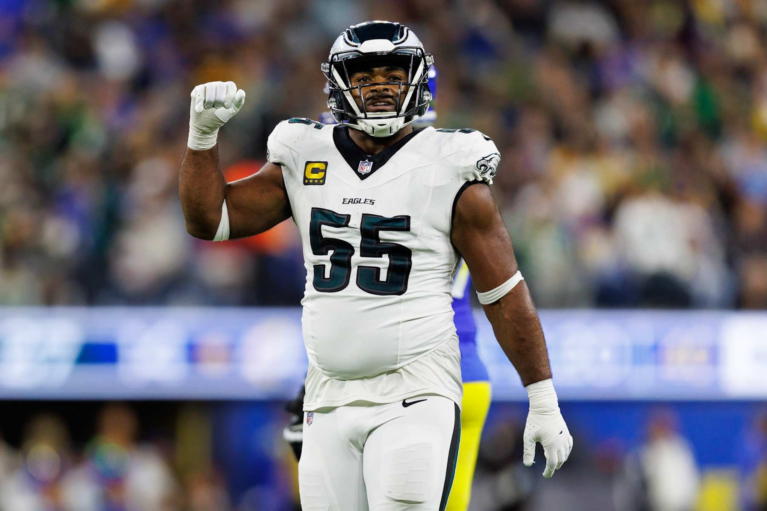 INGLEWOOD, CALIFORNIA - NOVEMBER 24: Defensive end Brandon Graham #55 of the Philadelphia Eagles celebrates during the second half of an NFL football game against the Los Angeles Rams, at SoFi Stadium on November 24, 2024 in Inglewood, California. (Photo by Brooke Sutton/Getty Images) INGLEWOOD, CALIFORNIA - NOVEMBER 24: Defensive end Brandon Graham #55 of the Philadelphia Eagles celebrates during the second half of an NFL football game against the Los Angeles Rams, at SoFi Stadium on November 24, 2024 in Inglewood, California. (Photo by Brooke Sutton/Getty Images)