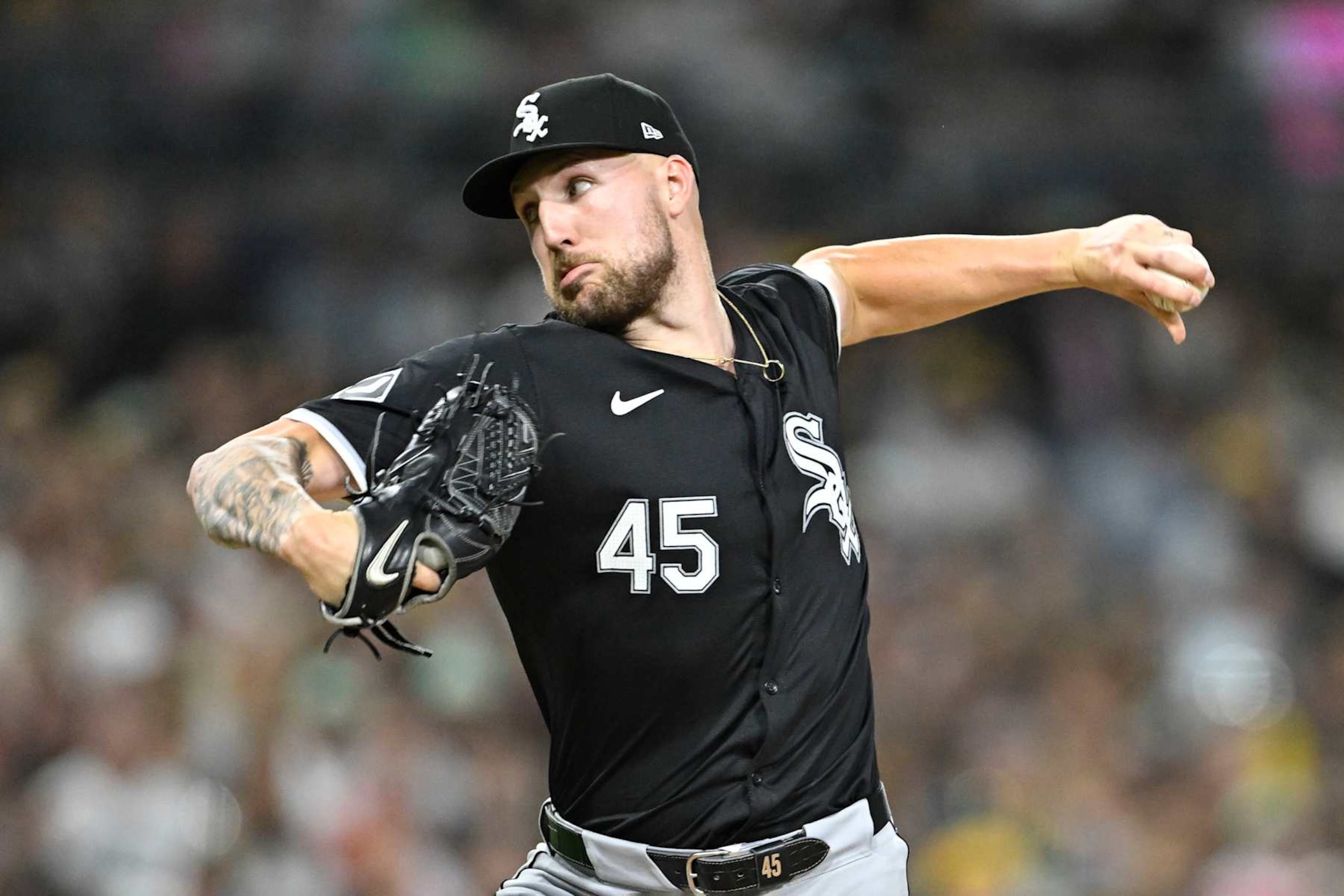 SAN DIEGO, CA - SEPTEMBER 20: Garrett Crochet #45 of the Chicago White Sox pitches during the second inning of a baseball game against the San Diego Padres on September 20, 2024 at Petco Park in San Diego, California. (Photo by Denis Poroy/Getty Images)