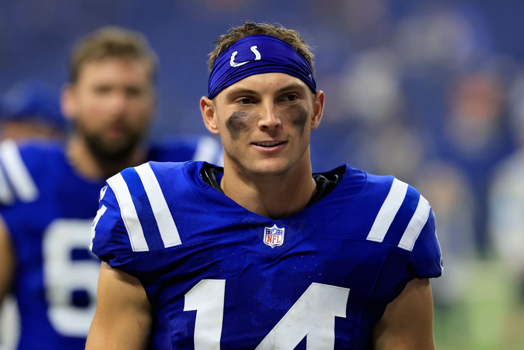 INDIANAPOLIS, INDIANA - SEPTEMBER 22: Alec Pierce #14 of the Indianapolis Colts walks off the field after the game against the Chicago Bears at Lucas Oil Stadium on September 22, 2024 in Indianapolis, Indiana. (Photo by Justin Casterline/Getty Images)
