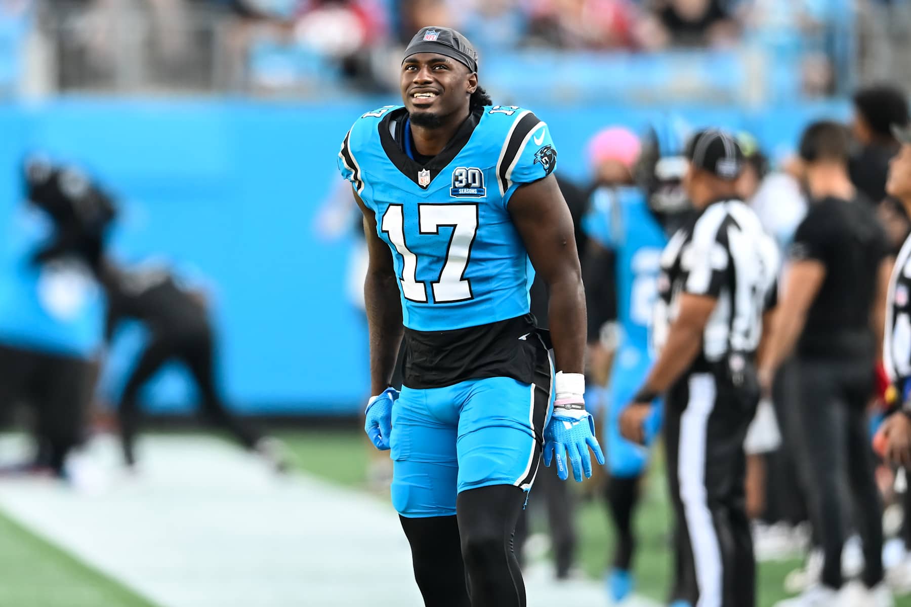 CHARLOTTE, NORTH CAROLINA - OCTOBER 13: Xavier Legette #17 of the Carolina Panthers looks on prior to their game against the Atlanta Falcons at Bank of America Stadium on October 13, 2024 in Charlotte, North Carolina. (Photo by Matt Kelley/Getty Images)