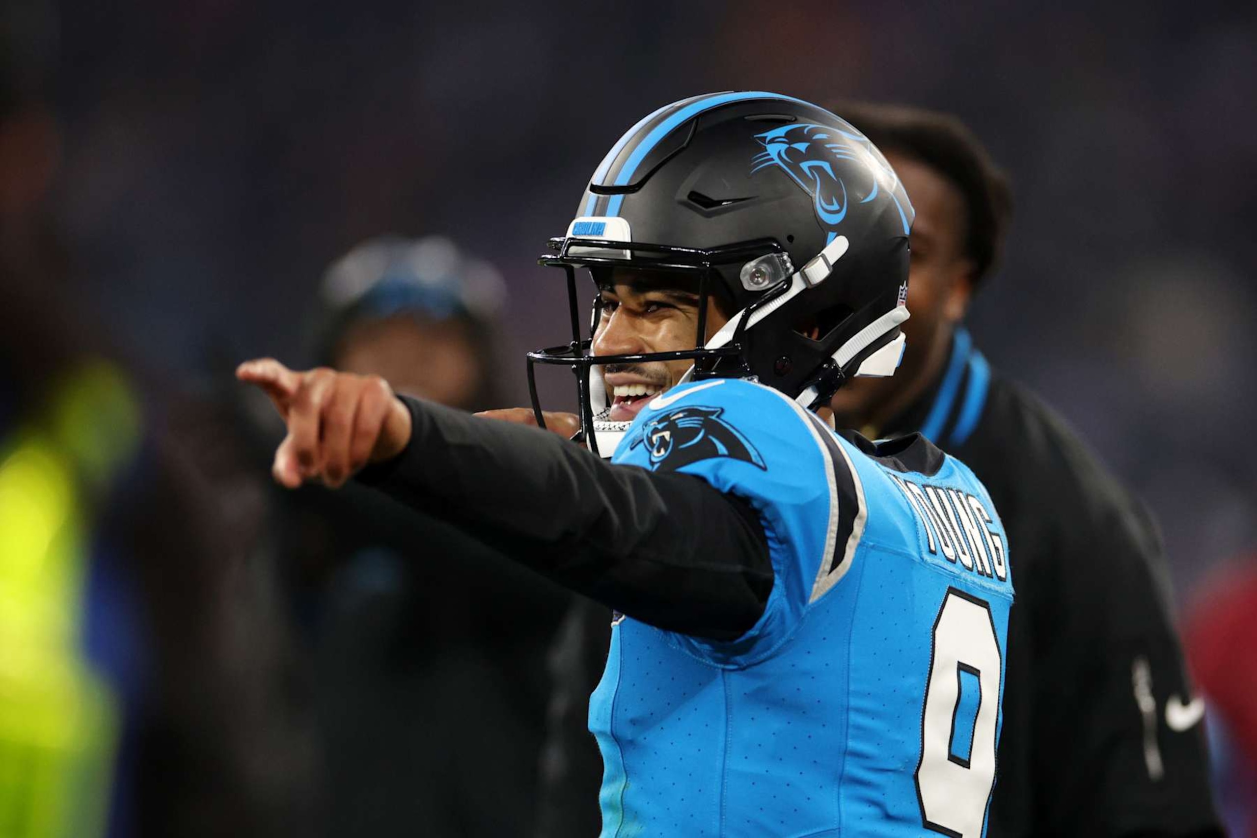 MUNICH, GERMANY - NOVEMBER 10: Bryce Young of Carolina Panthers reacts during the NFL Munich Game 2024 between New York Giants and Carolina Panthers at Allianz Arena on November 10, 2024 in Munich, Germany. (Photo by Adam Pretty/Getty Images)
