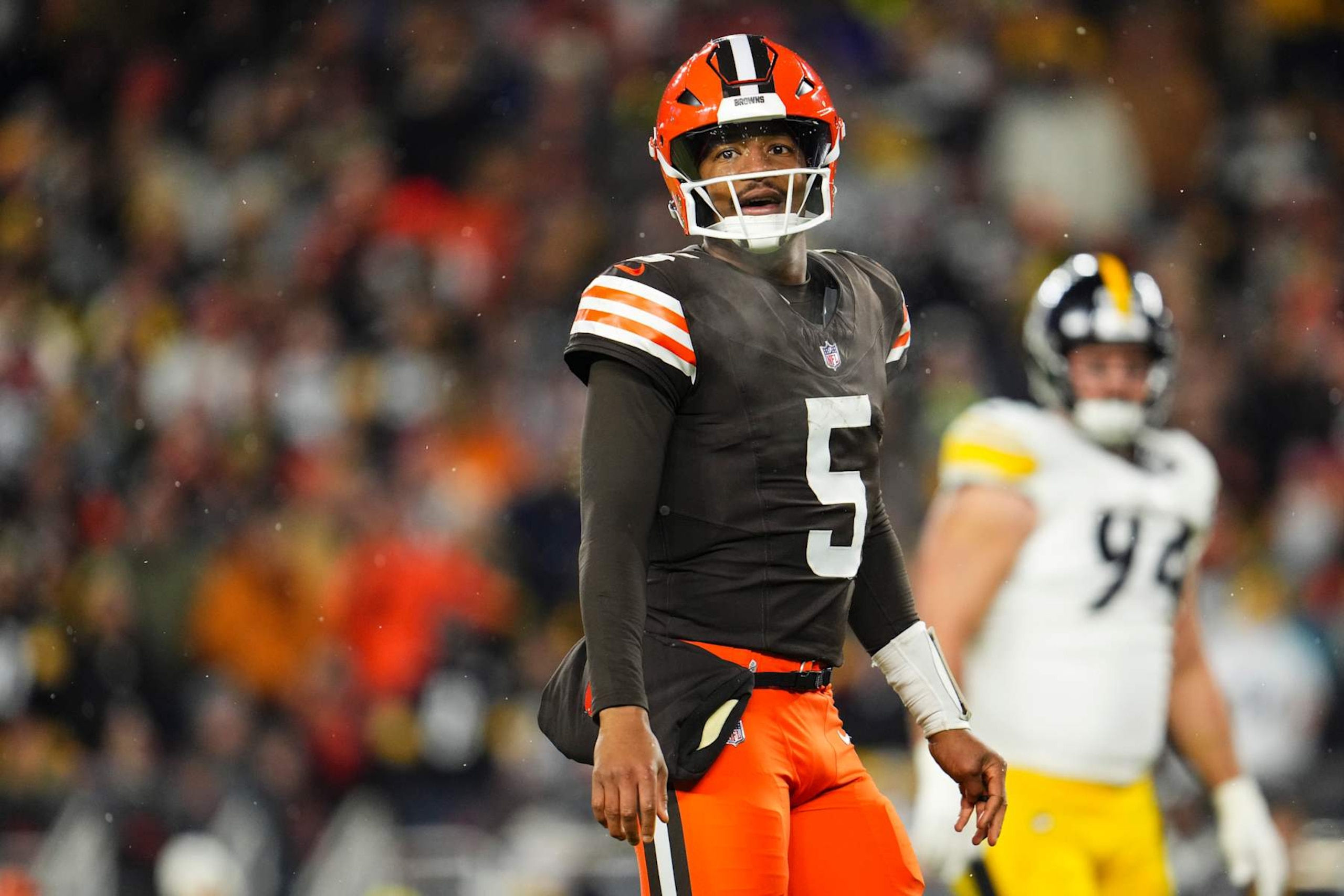 CLEVELAND, OH - NOVEMBER 21: Jameis Winston #5 of the Cleveland Browns looks on from the field during an NFL football game against the Pittsburgh Steelers at Huntington Bank Field on November 21, 2024 in Cleveland, Ohio. (Photo by Cooper Neill/Getty Images)