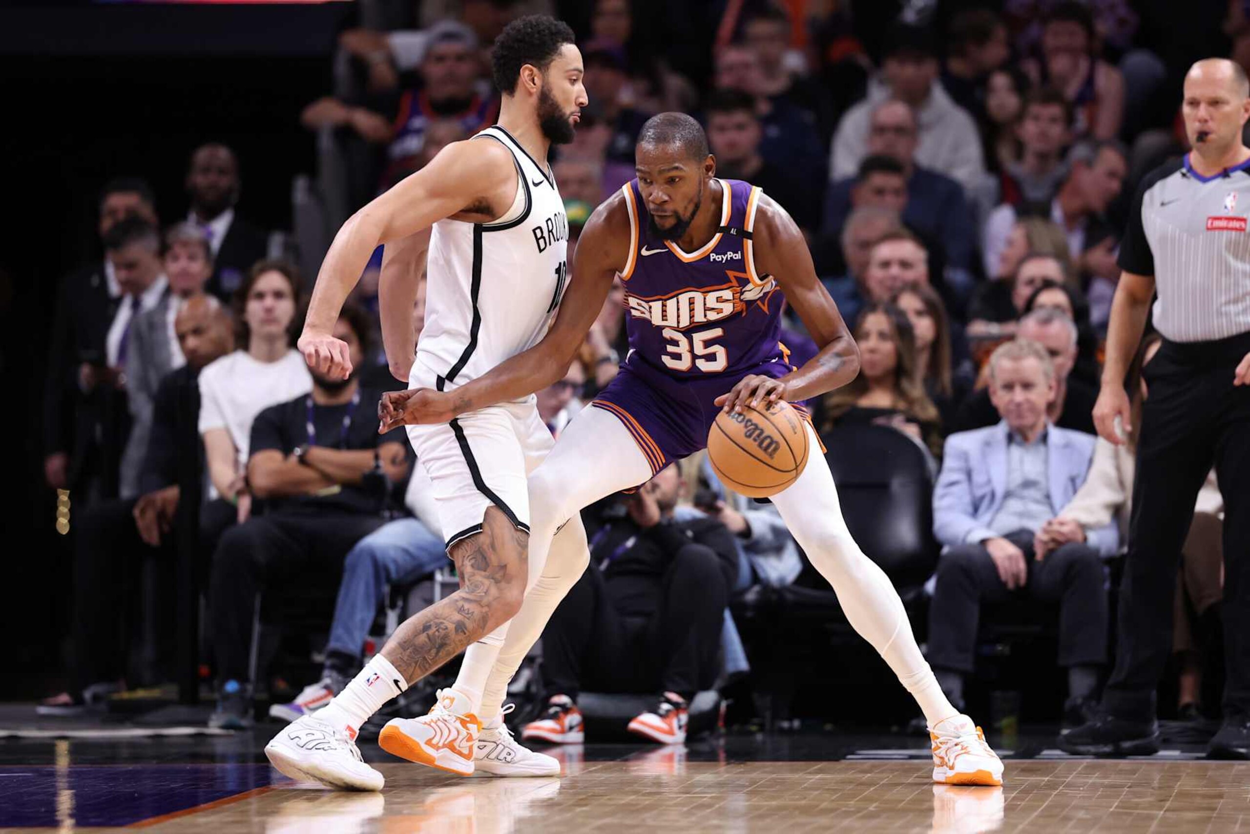 PHOENIX, ARIZONA - NOVEMBER 27: Kevin Durant #35 of the Phoenix Suns posts up on Ben Simmons #10 of the Brooklyn Nets during the first half at Footprint Center on November 27, 2024 in Phoenix, Arizona. NOTE TO USER: User expressly acknowledges and agrees that, by downloading and or using this photograph, User is consenting to the terms and conditions of the Getty Images License Agreement. (Photo by Chris Coduto/Getty Images) PHOENIX, ARIZONA - NOVEMBER 27: Kevin Durant #35 of the Phoenix Suns posts up on Ben Simmons #10 of the Brooklyn Nets during the first half at Footprint Center on November 27, 2024 in Phoenix, Arizona. NOTE TO USER: User expressly acknowledges and agrees that, by downloading and or using this photograph, User is consenting to the terms and conditions of the Getty Images License Agreement. (Photo by Chris Coduto/Getty Images)