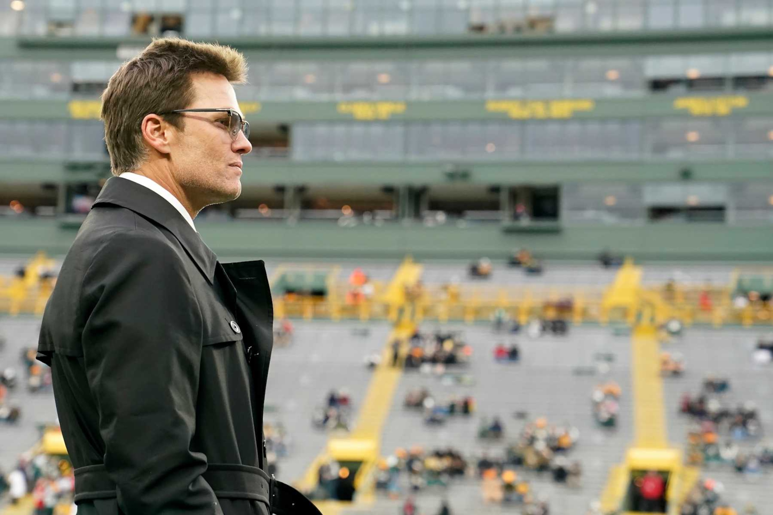 GREEN BAY, WISCONSIN - NOVEMBER 24: Tom Brady looks on before the game between the San Francisco 49ers and the Green Bay Packers at Lambeau Field on November 24, 2024 in Green Bay, Wisconsin. (Photo by Patrick McDermott/Getty Images)