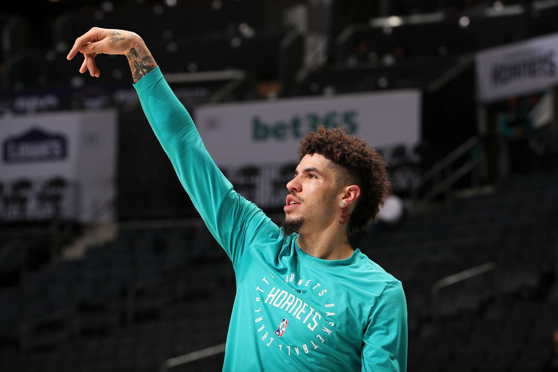 CHARLOTTE, NC - NOVEMBER 27:  LaMelo Ball #1 of the Charlotte Hornets warms up before the game against the Miami Heat on November 27, 2024 at Spectrum Center in Charlotte, North Carolina. NOTE TO USER: User expressly acknowledges and agrees that, by downloading and or using this photograph, User is consenting to the terms and conditions of the Getty Images License Agreement. Mandatory Copyright Notice: Copyright 2024 NBAE (Photo by Kent Smith/NBAE via Getty Images)