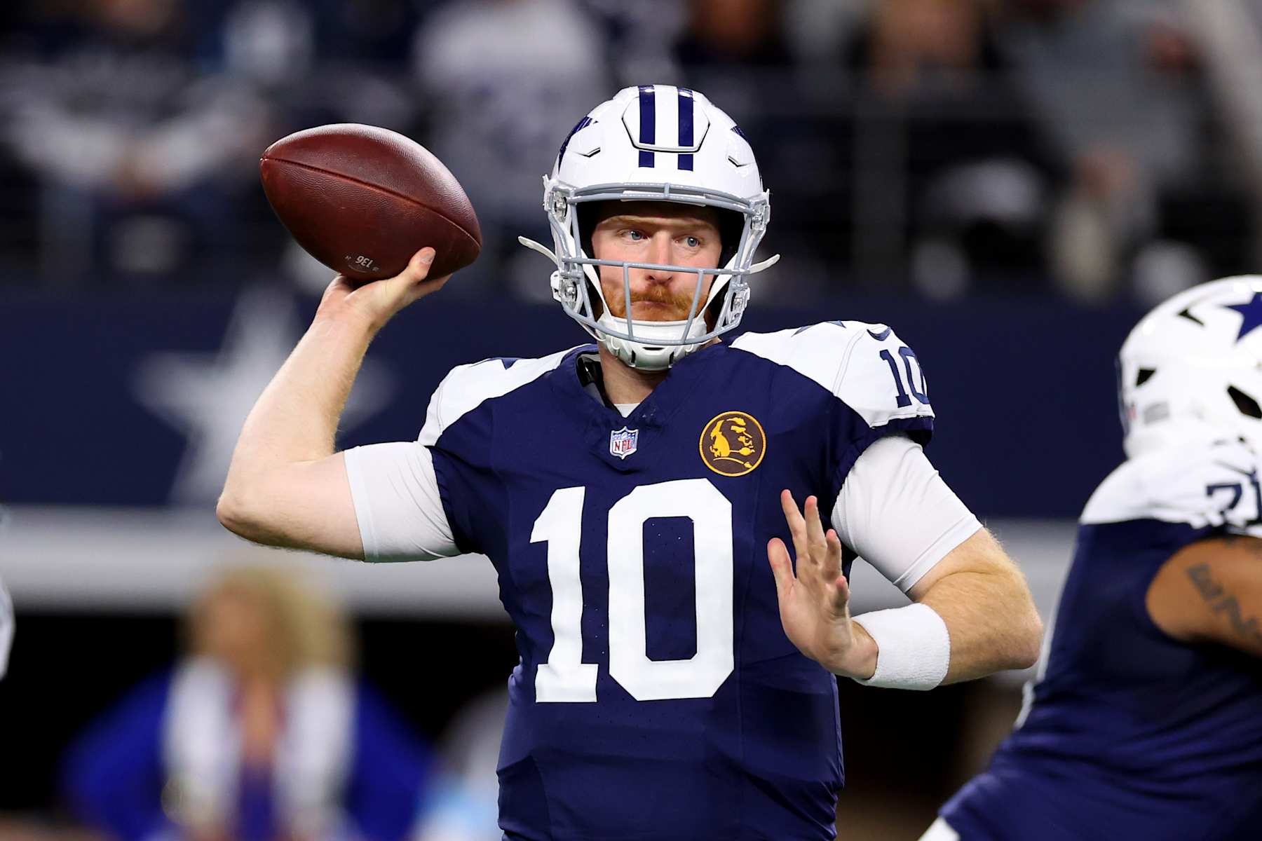 ARLINGTON, TEXAS - NOVEMBER 28: Cooper Rush #10 of the Dallas Cowboys throws a pass during the second quarter against the New York Giants at AT&T Stadium on November 28, 2024 in Arlington, Texas. (Photo by Sam Hodde/Getty Images)