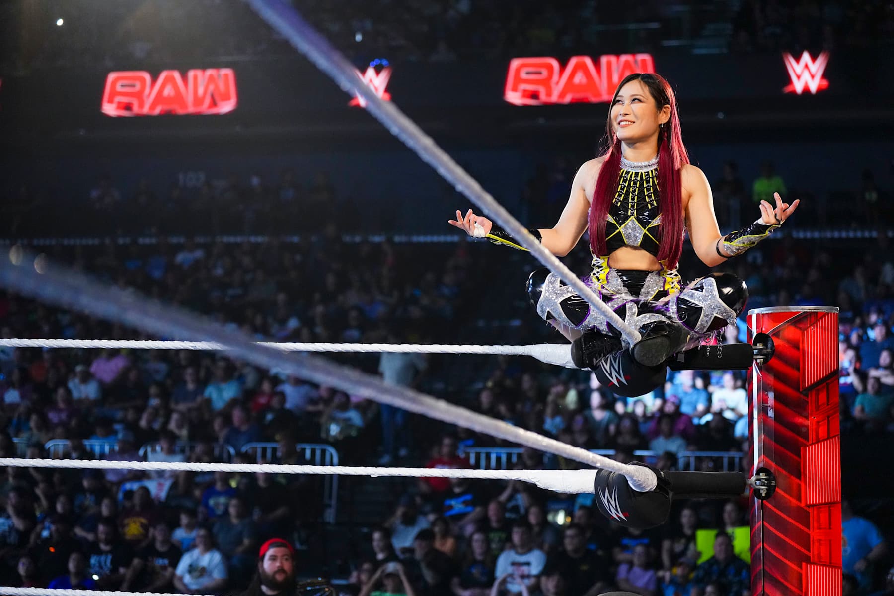 CORPUS CHRISTI, TEXAS - JUNE 17: IYO SKY poses on the ropes during Monday Night RAW at American Bank Center on June 17, 2024 in Corpus Christi, Texas.  (Photo by WWE/Getty Images)