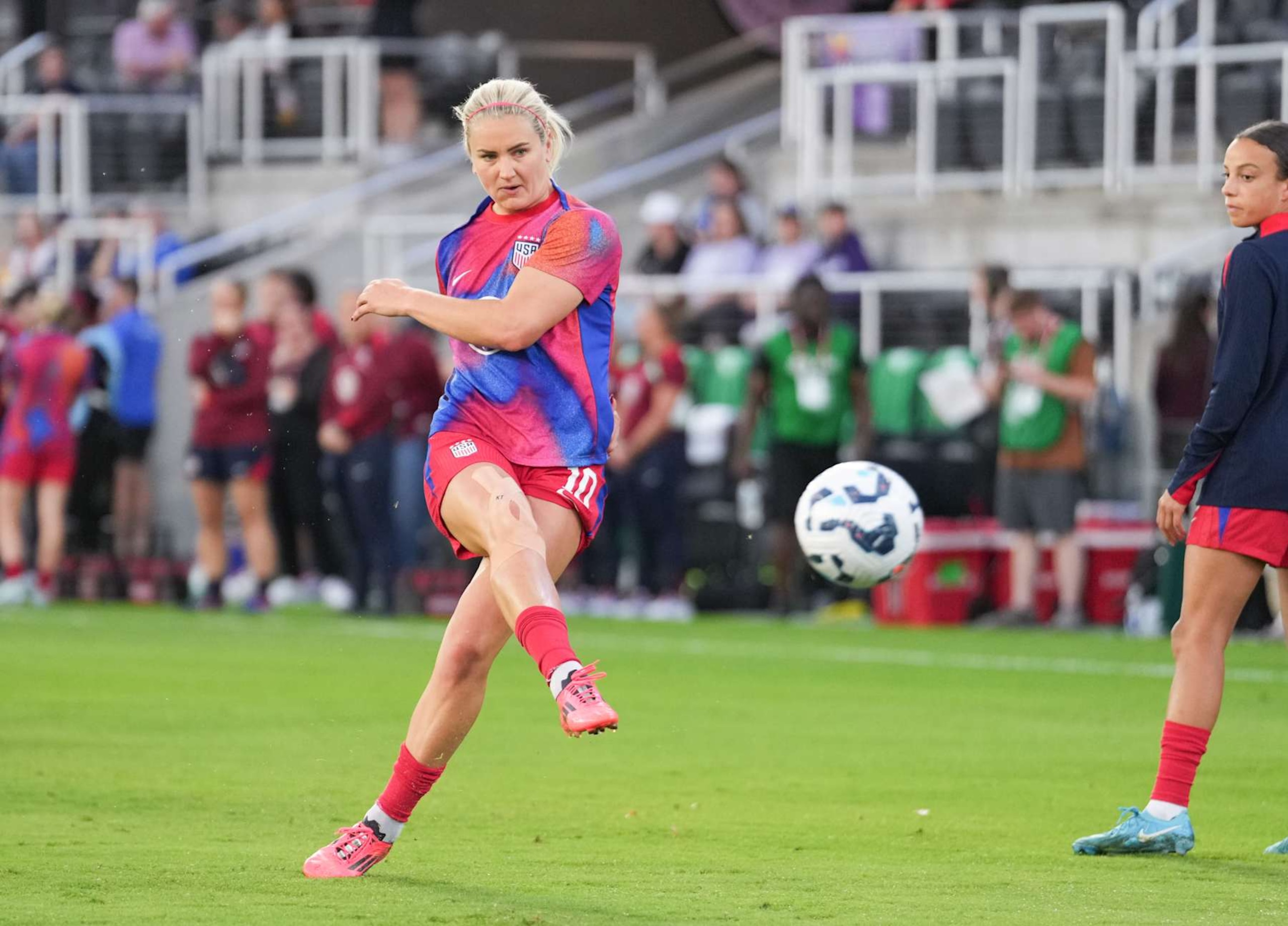 LOUISVILLE, KENTUCKY - OCTOBER 30: Lindsey Horan #10 of the United States during warmups prior to playing Argentina at Lynn Family Stadium on October 30, 2024 in Louisville, Kentucky. (Photo by Brad Smith/ISI Photos/USSF/Getty Images for USSF) LOUISVILLE, KENTUCKY - OCTOBER 30: Lindsey Horan #10 of the United States during warmups prior to playing Argentina at Lynn Family Stadium on October 30, 2024 in Louisville, Kentucky. (Photo by Brad Smith/ISI Photos/USSF/Getty Images for USSF)