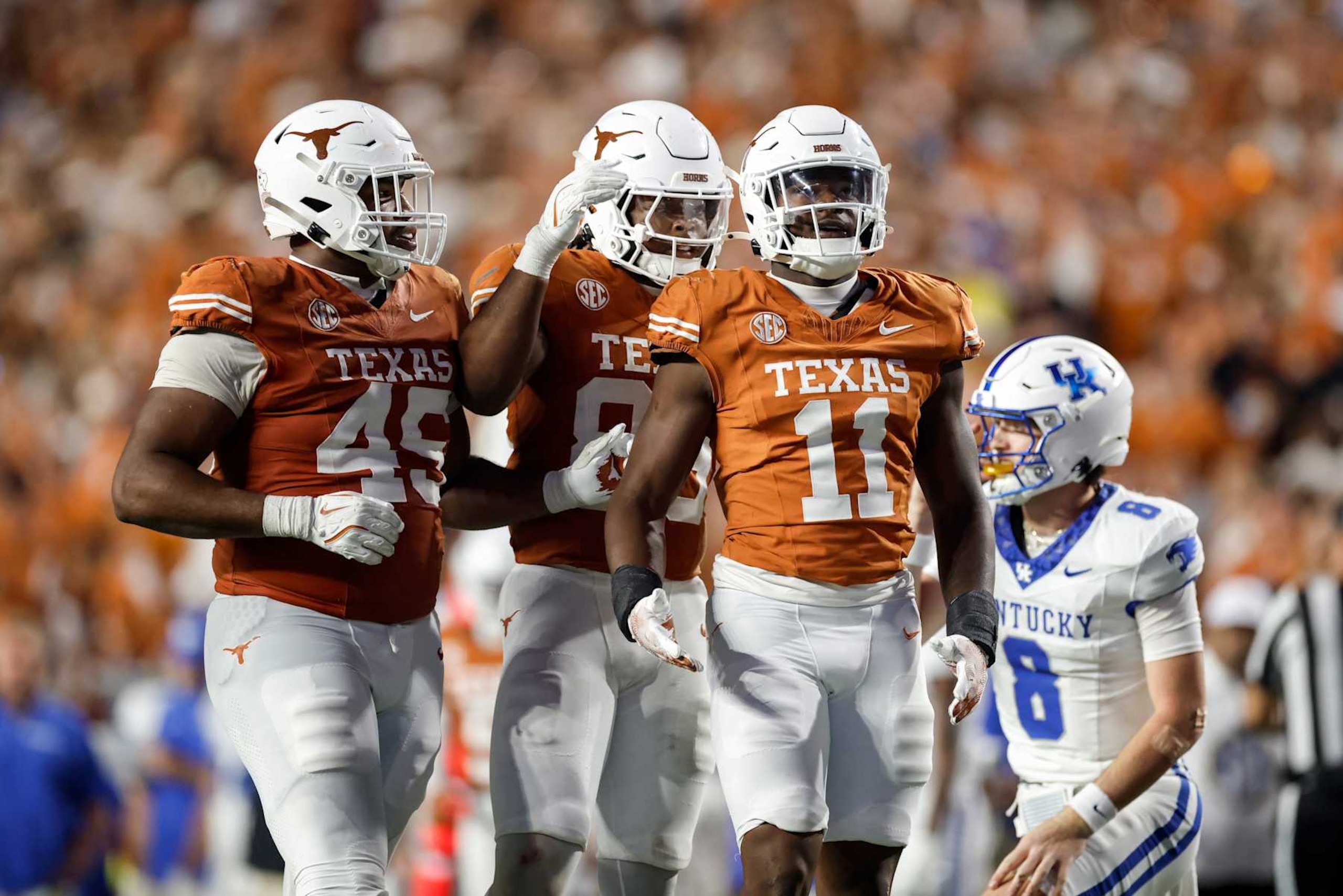 AUSTIN, TEXAS - NOVEMBER 23: Colin Simmons #11 of the Texas Longhorns celebrates after a sack in the second half against the Kentucky Wildcats at Darrell K Royal-Texas Memorial Stadium on November 23, 2024 in Austin, Texas. (Photo by Tim Warner/Getty Images) AUSTIN, TEXAS - NOVEMBER 23: Colin Simmons #11 of the Texas Longhorns celebrates after a sack in the second half against the Kentucky Wildcats at Darrell K Royal-Texas Memorial Stadium on November 23, 2024 in Austin, Texas. (Photo by Tim Warner/Getty Images)