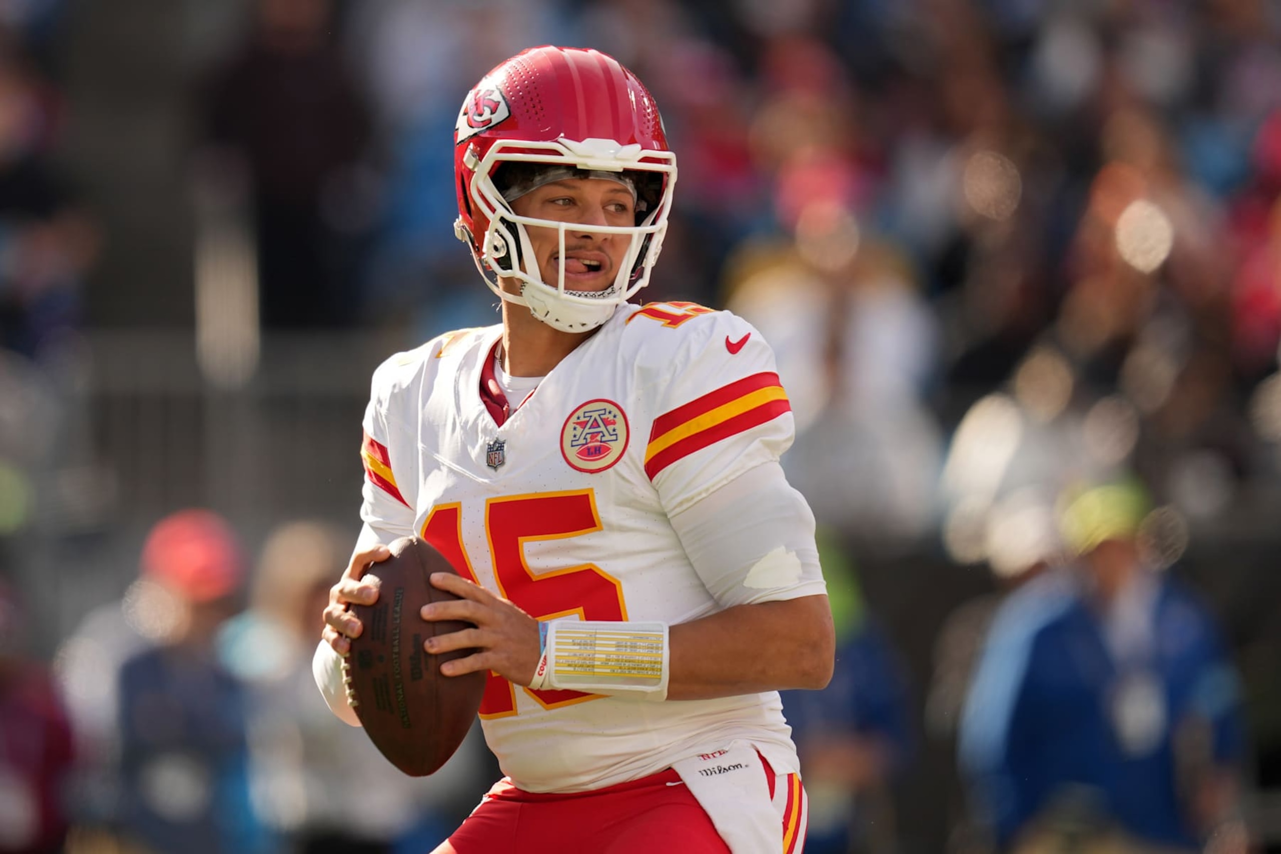 CHARLOTTE, NORTH CAROLINA - NOVEMBER 24: Quarterback Patrick Mahomes #15 of the Kansas City Chiefs throws a pass during the first quarter against the Carolina Panthers at Bank of America Stadium on November 24, 2024 in Charlotte, North Carolina. (Photo by Grant Halverson/Getty Images) CHARLOTTE, NORTH CAROLINA - NOVEMBER 24: Quarterback Patrick Mahomes #15 of the Kansas City Chiefs throws a pass during the first quarter against the Carolina Panthers at Bank of America Stadium on November 24, 2024 in Charlotte, North Carolina. (Photo by Grant Halverson/Getty Images)
