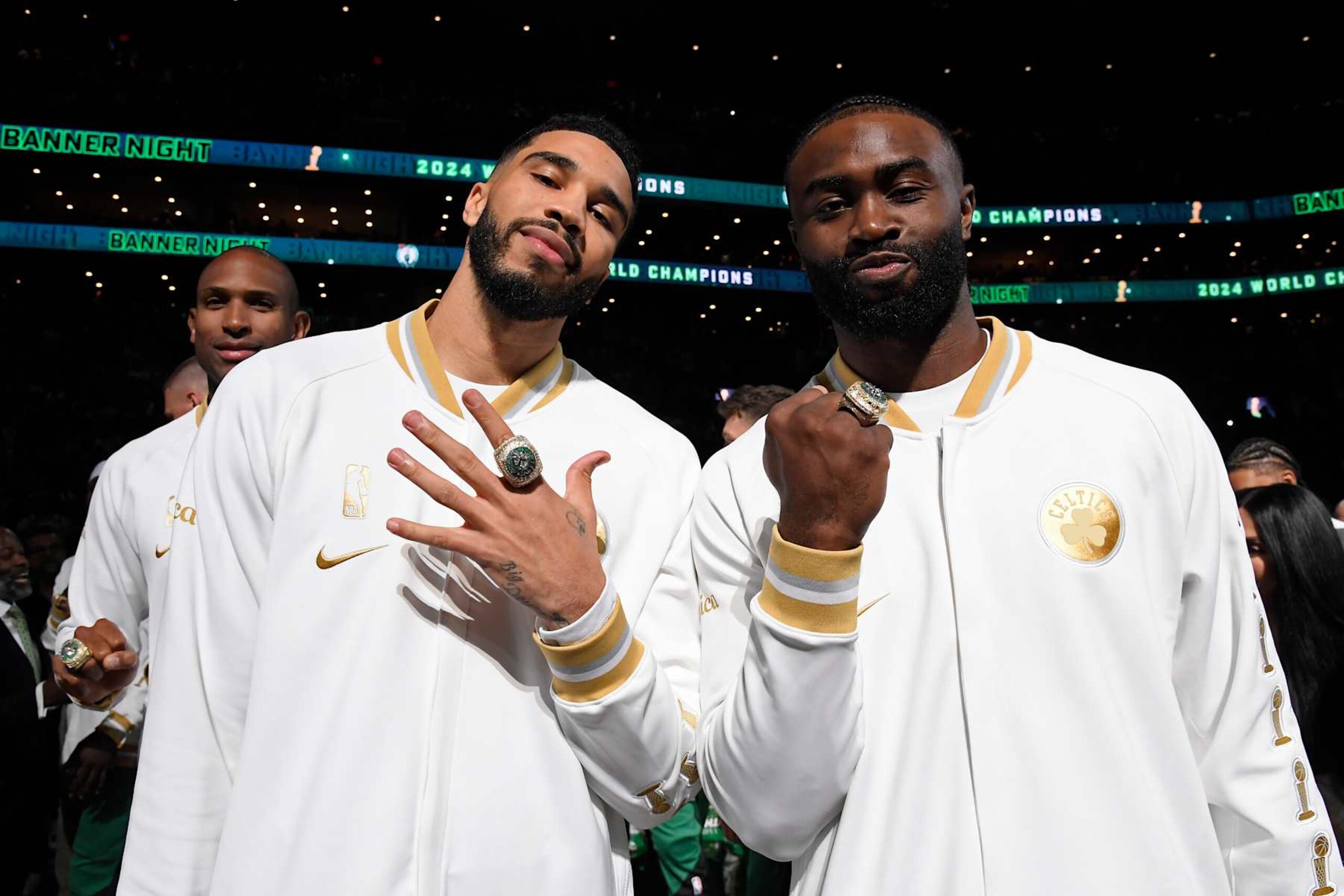 BOSTON, MA - OCTOBER 22: Jayson Tatum #0 and Jaylen Brown #7 of the Boston Celtics poses for a photo with his 2024 Championship ring before the game against the New York Knicks on October 22, 2024 at TD Garden in Boston, Massachusetts. NOTE TO USER: User expressly acknowledges and agrees that, by downloading and/or using this Photograph, user is consenting to the terms and conditions of the Getty Images License Agreement. Mandatory Copyright Notice: Copyright 2024 NBAE (Photo by Brian Babineau/NBAE via Getty Images) BOSTON, MA - OCTOBER 22: Jayson Tatum #0 and Jaylen Brown #7 of the Boston Celtics poses for a photo with his 2024 Championship ring before the game against the New York Knicks on October 22, 2024 at TD Garden in Boston, Massachusetts. NOTE TO USER: User expressly acknowledges and agrees that, by downloading and/or using this Photograph, user is consenting to the terms and conditions of the Getty Images License Agreement. Mandatory Copyright Notice: Copyright 2024 NBAE (Photo by Brian Babineau/NBAE via Getty Images)