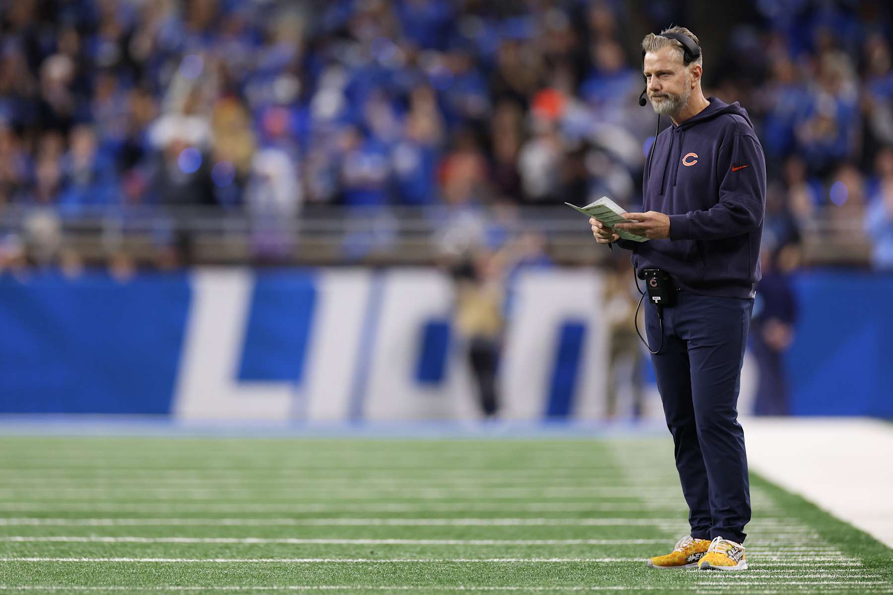 DETROIT, MICHIGAN - NOVEMBER 28: Head coach Matt Eberflus of the Chicago Bears looks on during the third quarter of a game against the Detroit Lions at Ford Field on November 28, 2024 in Detroit, Michigan. (Photo by Mike Mulholland/Getty Images)