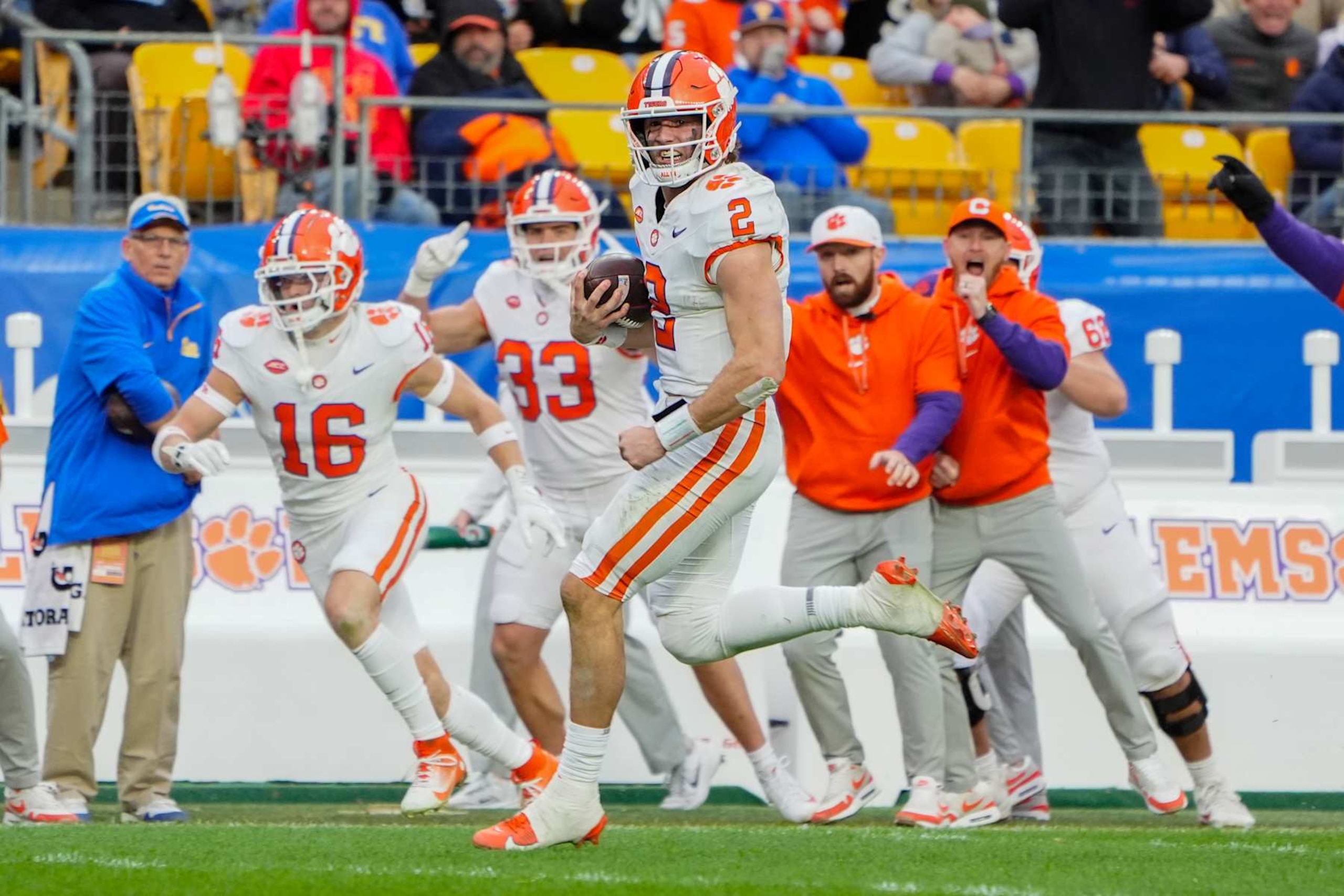 PITTSBURGH, PA - NOVEMBER 16: Clemson Tigers Quarterback Cade Klubnik (2) runs with the ball for a touchdown during the second half of the College Football game between the Clemson Tigers and the Pittsburgh Panthers on November 16, 2024, at Acrisure Stadium in Pittsburgh, PA. (Photo by Gregory Fisher/Icon Sportswire via Getty Images)
