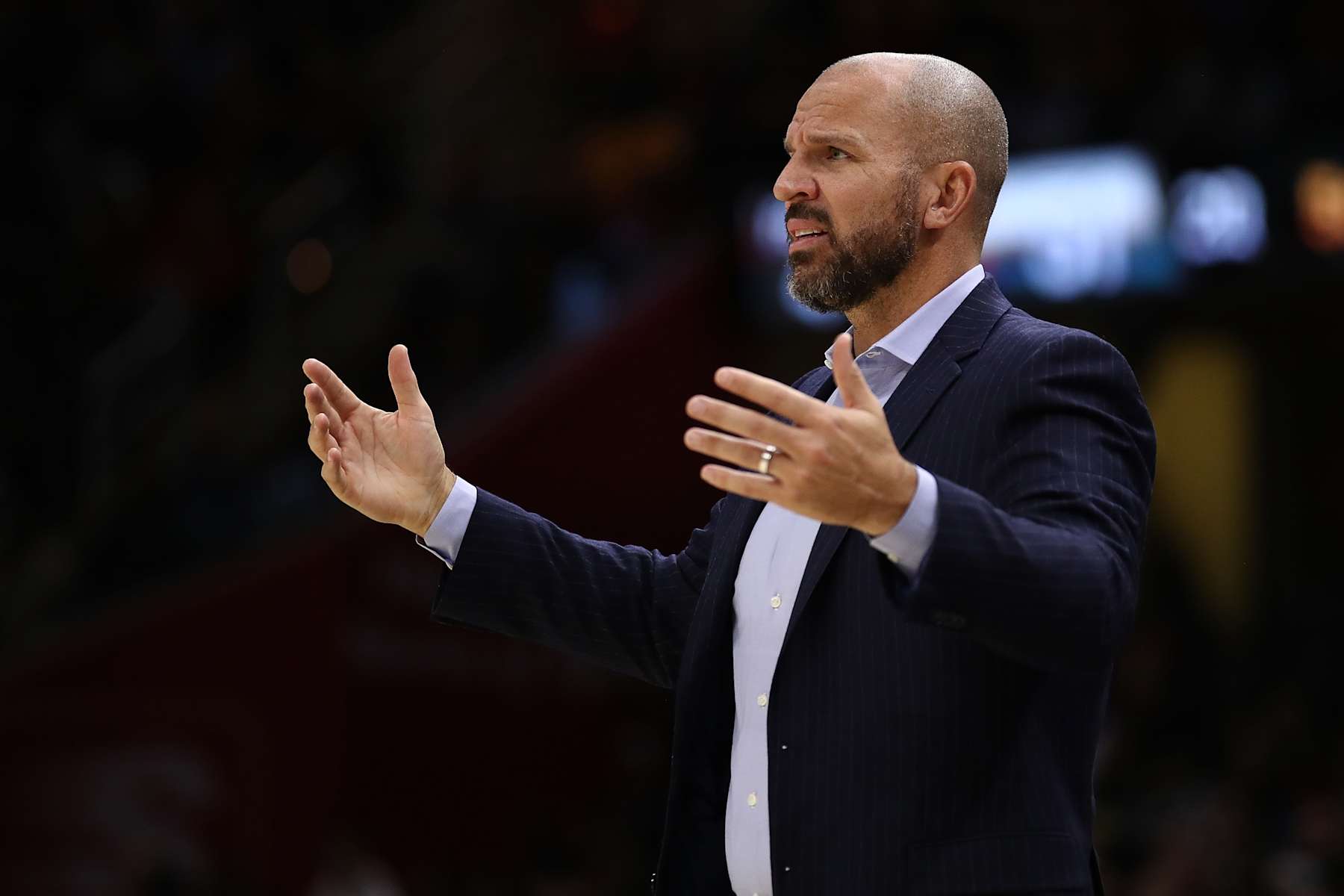 CLEVELAND, OH - NOVEMBER 07:  Head coach Jason Kidd of the Milwaukee Bucks looks on from the bench while playing the Cleveland Cavaliers at Quicken Loans Arena on November 7, 2017 in Cleveland, Ohio. Cleveland won the game 124-119. NOTE TO USER: User expressly acknowledges and agrees that, by downloading and or using this photograph, User is consenting to the terms and conditions of the Getty Images License Agreement.  (Photo by Gregory Shamus/Getty Images)
