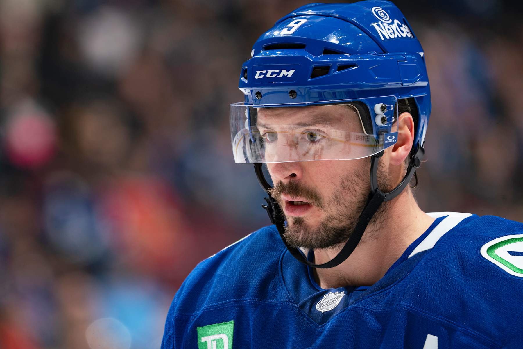 VANCOUVER, CANADA - NOVEMBER 16:J.T. Miller #9 of the Vancouver Canucks skates up ice during their NHL game against the Chicago Blackhawks at Rogers Arena on November 16, 2024 in Vancouver, British Columbia, Canada.  (Photo by Jeff Vinnick/NHLI via Getty Images)