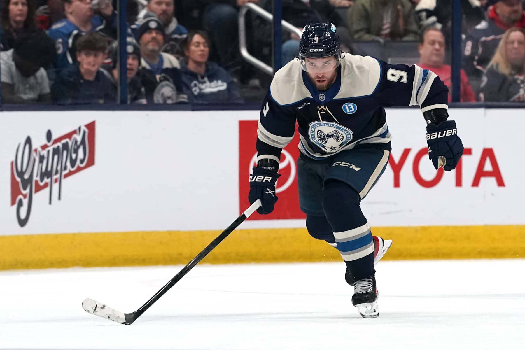 COLUMBUS, OHIO - NOVEMBER 23: Ivan Provorov #9 of the Columbus Blue Jackets seen in action during the game against the Carolina Hurricanes at Nationwide Arena on November 23, 2024 in Columbus, Ohio. (Photo by Jason Mowry/Getty Images)