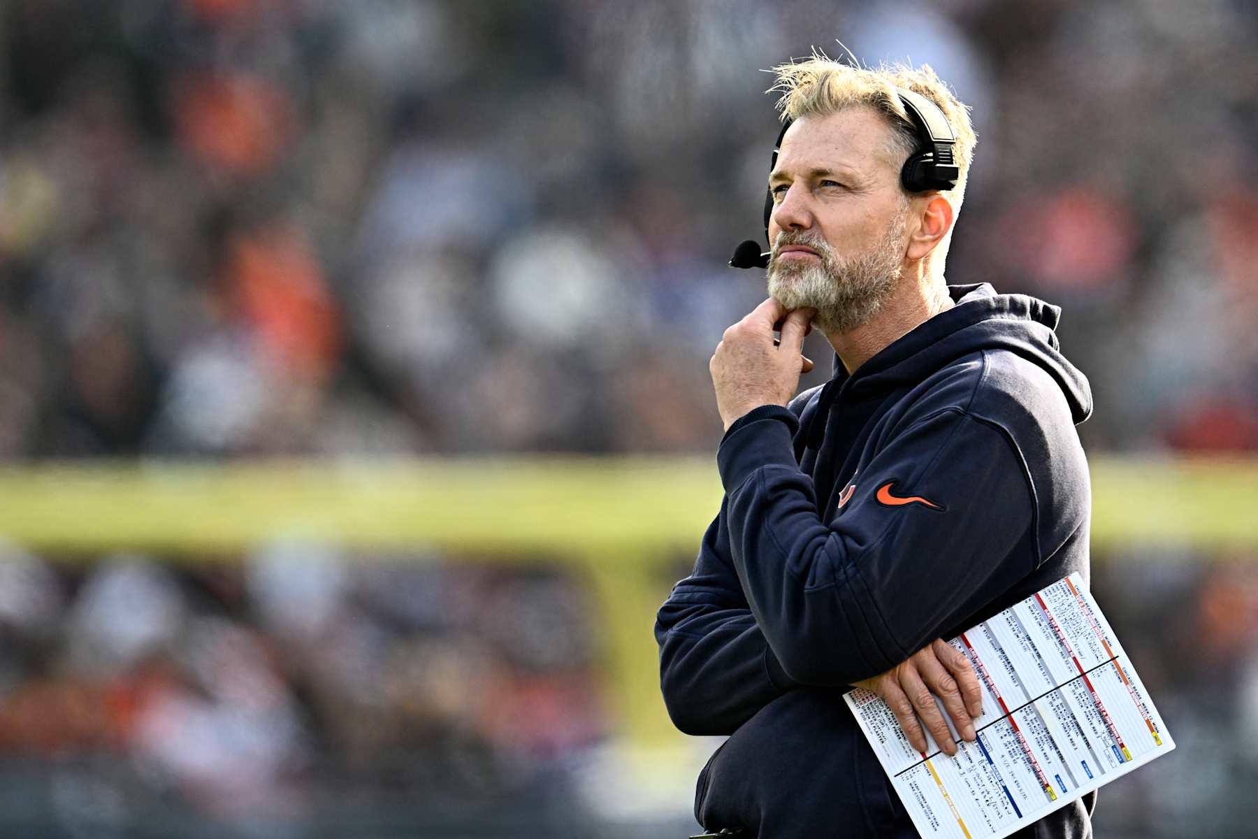 CHICAGO, ILLINOIS - NOVEMBER 24: Head coach Matt Eberflus of the Chicago Bears looks on during the second quarter against the Minnesota Vikings at Soldier Field on November 24, 2024 in Chicago, Illinois. (Photo by Quinn Harris/Getty Images)