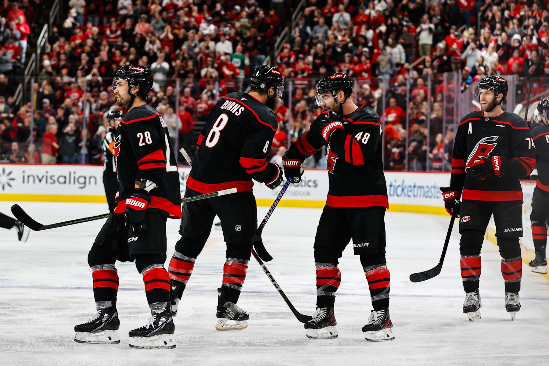 RALEIGH, NC - NOVEMBER 25: Brent Burns #8 of the Carolina Hurricanes celebrates during the third period of the game against the Dallas Stars at Lenovo Center on November 25, 2024 in Raleigh, North Carolina. Hurricanes defeat Stars 6-4. (Photo by Jaylynn Nash/Getty Images)