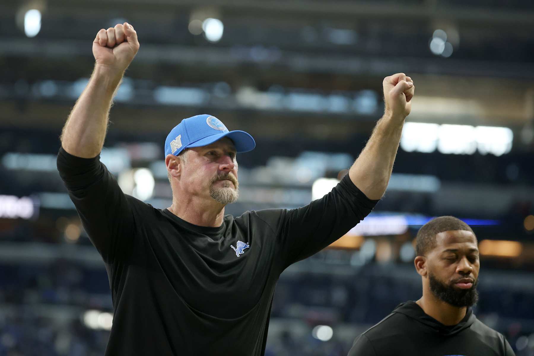 INDIANAPOLIS, INDIANA - NOVEMBER 24: Head coach Dan Campbell of the Detroit Lions reacts after a 24-6 victory against the Indianapolis Colts at Lucas Oil Stadium on November 24, 2024 in Indianapolis, Indiana. (Photo by Andy Lyons/Getty Images)