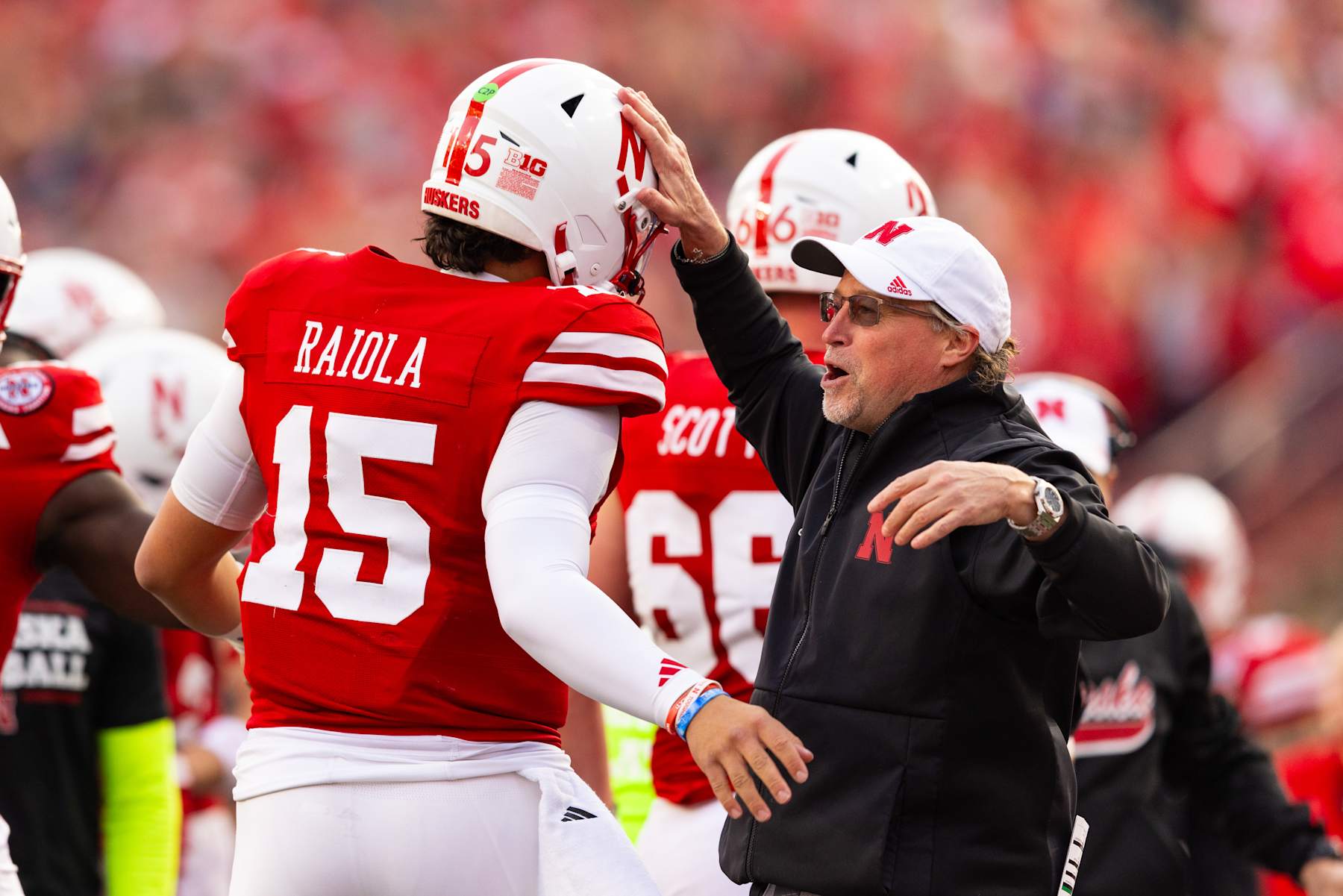 LINCOLN, NE - NOVEMBER 23: Nebraska Cornhuskers quarterback Dylan Raiola (15) celebrates a touchdown before it gets overturned during the second quarter against the Wisconsin Badgers at Memorial Stadium on November 23, 2024, in Lincoln, NE. (Photo by Nathanial George/Icon Sportswire via Getty Images)