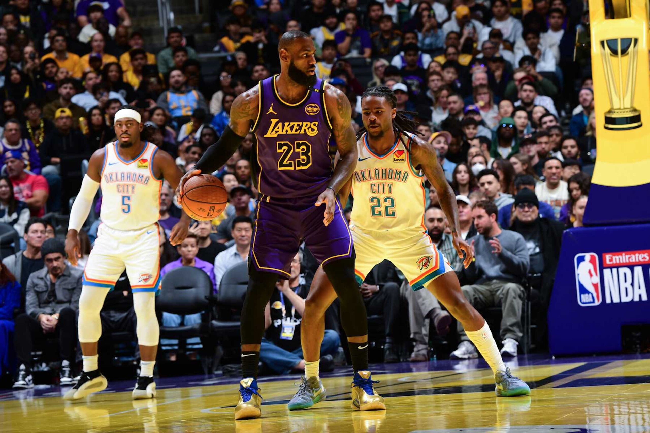 LOS ANGELES, CA - NOVEMBER 29: LeBron James #23 of the Los Angeles Lakers dribbles the ball during the game against the Oklahoma City Thunder during a Emirates NBA Cup game on October 22, 2024 at Crypto.Com Arena in Los Angeles, California. NOTE TO USER: User expressly acknowledges and agrees that, by downloading and/or using this Photograph, user is consenting to the terms and conditions of the Getty Images License Agreement. Mandatory Copyright Notice: Copyright 2024 NBAE (Photo by Adam Pantozzi/NBAE via Getty Images)