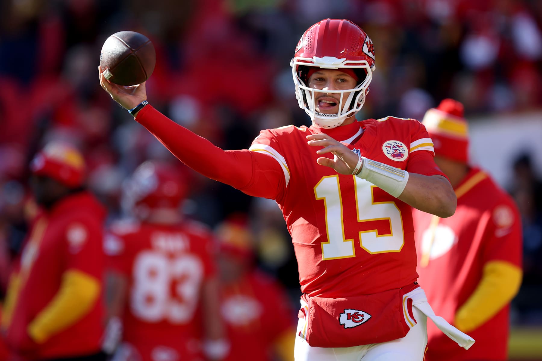 KANSAS CITY, MISSOURI - NOVEMBER 29: Patrick Mahomes #15 of the Kansas City Chiefs warms up prior to the game against the Las Vegas Raiders at GEHA Field at Arrowhead Stadium on November 29, 2024 in Kansas City, Missouri. (Photo by Jamie Squire/Getty Images)