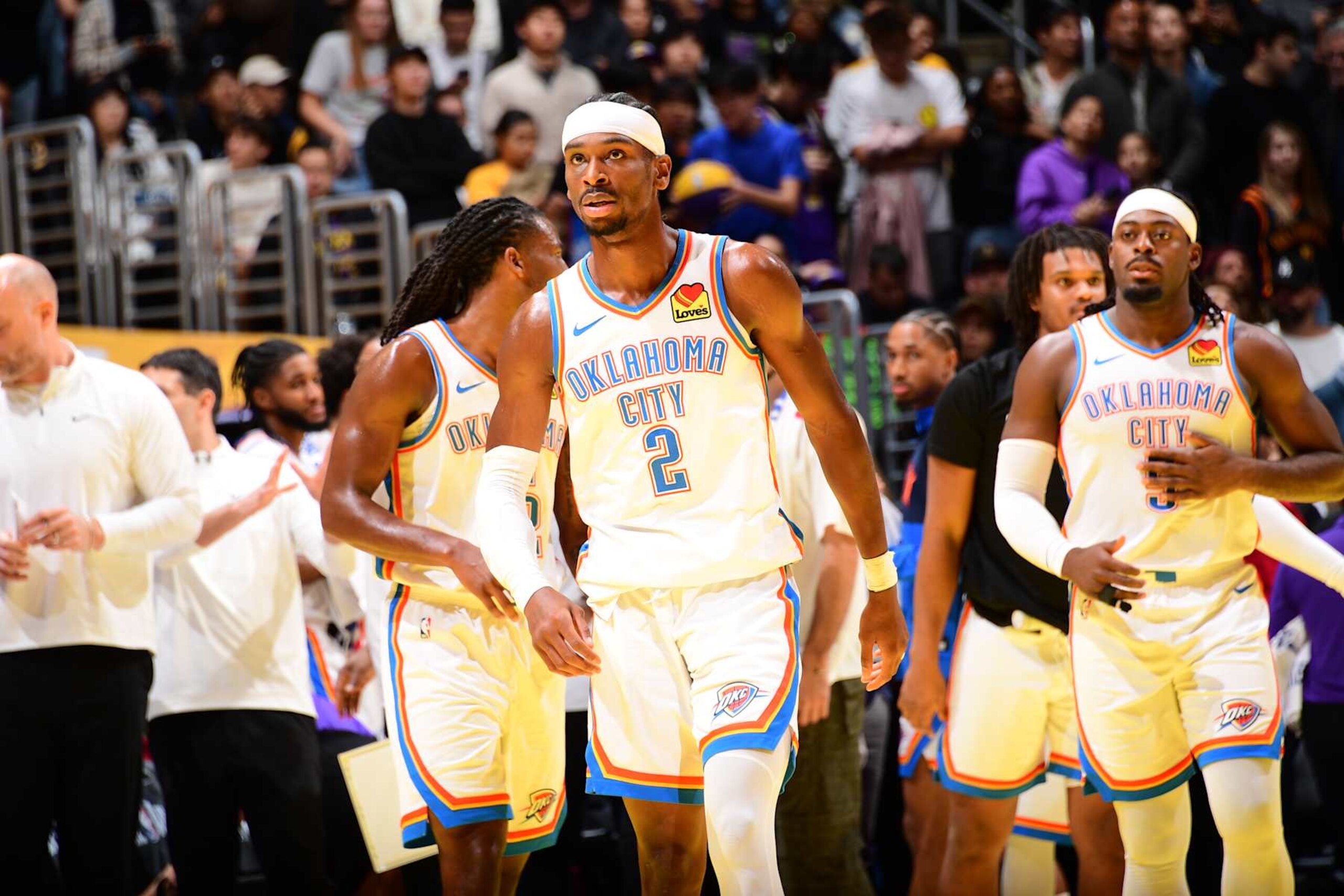 LOS ANGELES, CA - NOVEMBER 29: Shai Gilgeous-Alexander #2 of the Oklahoma City Thunder looks on during the game against the Los Angeles Lakersduring a Emirates NBA Cup game on October 22, 2024 at Crypto.Com Arena in Los Angeles, California. NOTE TO USER: User expressly acknowledges and agrees that, by downloading and/or using this Photograph, user is consenting to the terms and conditions of the Getty Images License Agreement. Mandatory Copyright Notice: Copyright 2024 NBAE (Photo by Adam Pantozzi/NBAE via Getty Images)