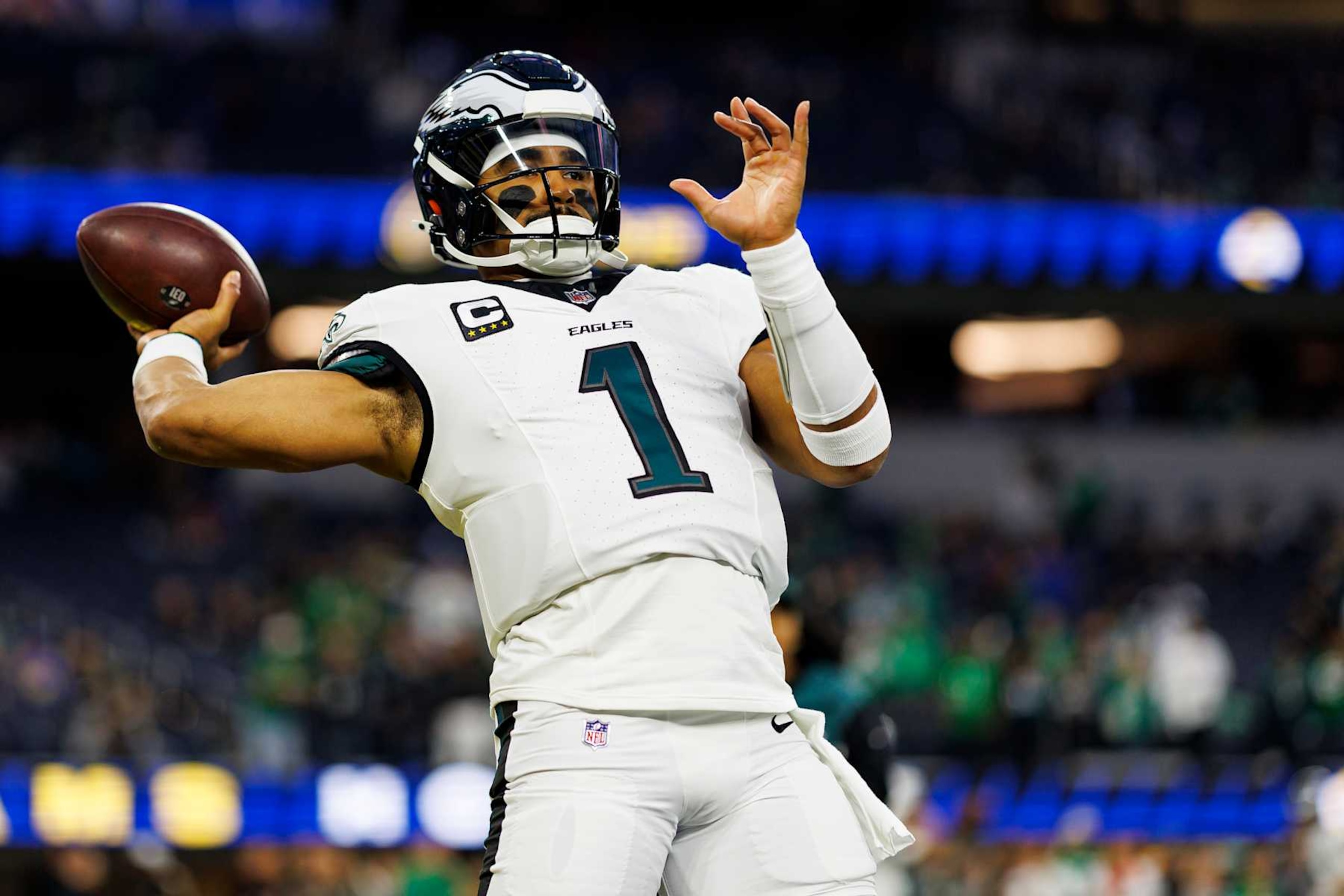 INGLEWOOD, CALIFORNIA - NOVEMBER 24: Quarterback Jalen Hurts #1 of the Philadelphia Eagles warms up prior to an NFL football game against the Los Angeles Rams, at SoFi Stadium on November 24, 2024 in Inglewood, California. (Photo by Brooke Sutton/Getty Images)