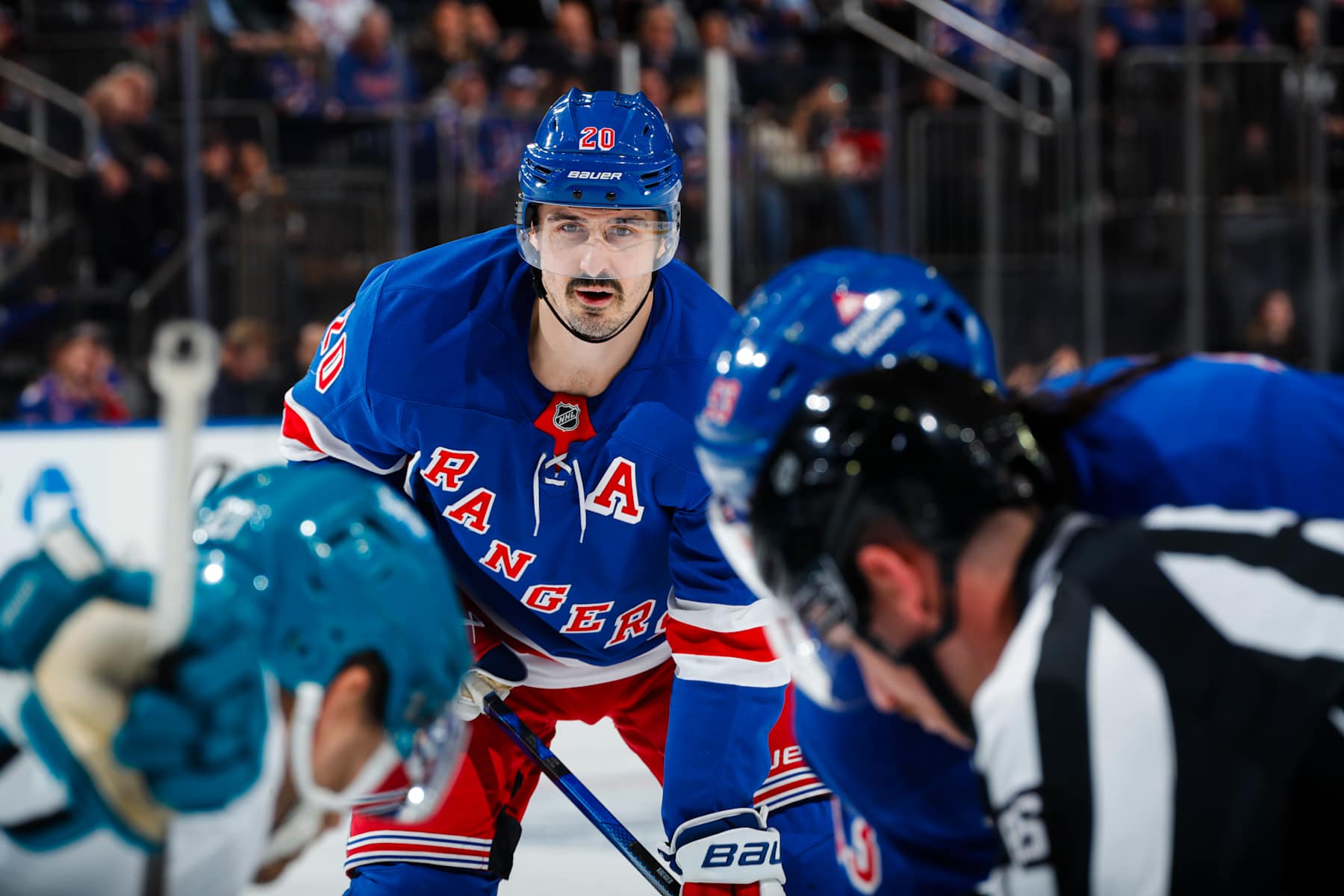 NEW YORK, NEW YORK - NOVEMBER 14:  Chris Kreider #20 of the New York Rangers skates against the San Jose Sharks at Madison Square Garden on November 14, 2024 in New York City. (Photo by Jared Silber/NHLI via Getty Images)