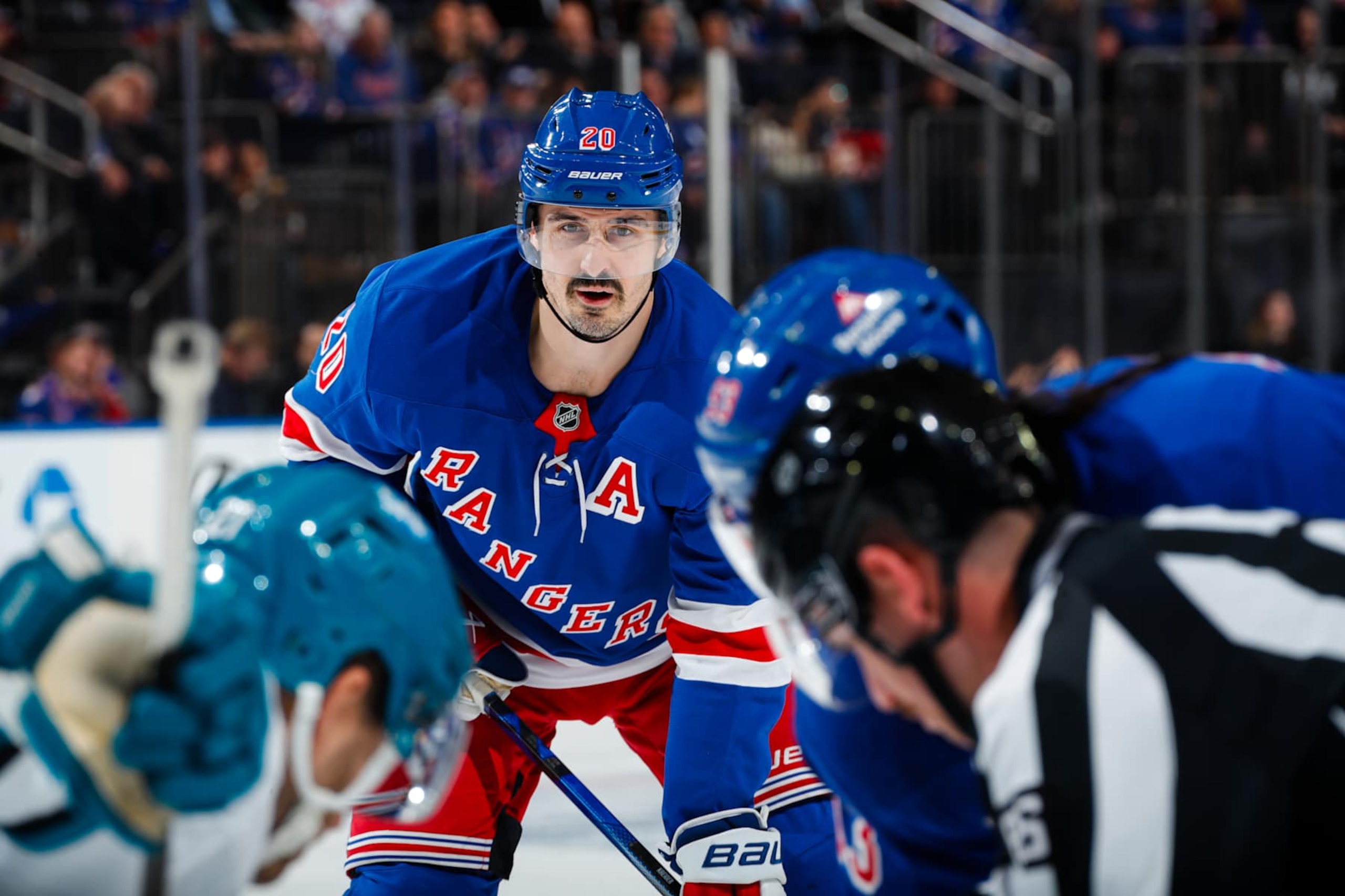 NEW YORK, NEW YORK - NOVEMBER 14:  Chris Kreider #20 of the New York Rangers skates against the San Jose Sharks at Madison Square Garden on November 14, 2024 in New York City. (Photo by Jared Silber/NHLI via Getty Images)