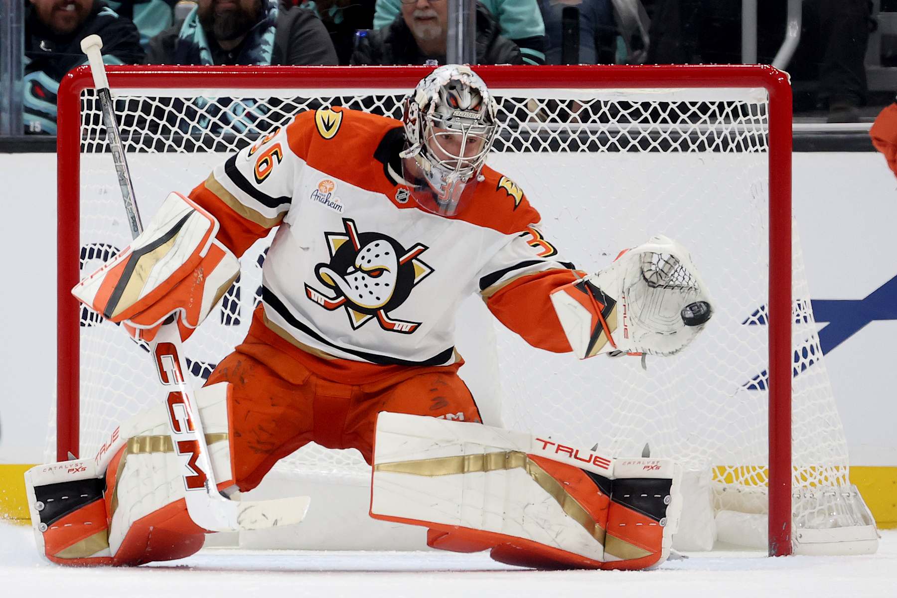 SEATTLE, WASHINGTON - NOVEMBER 27: John Gibson #36 of the Anaheim Ducks makes a save against the Seattle Kraken during the third period at Climate Pledge Arena on November 27, 2024 in Seattle, Washington. (Photo by Steph Chambers/Getty Images)
