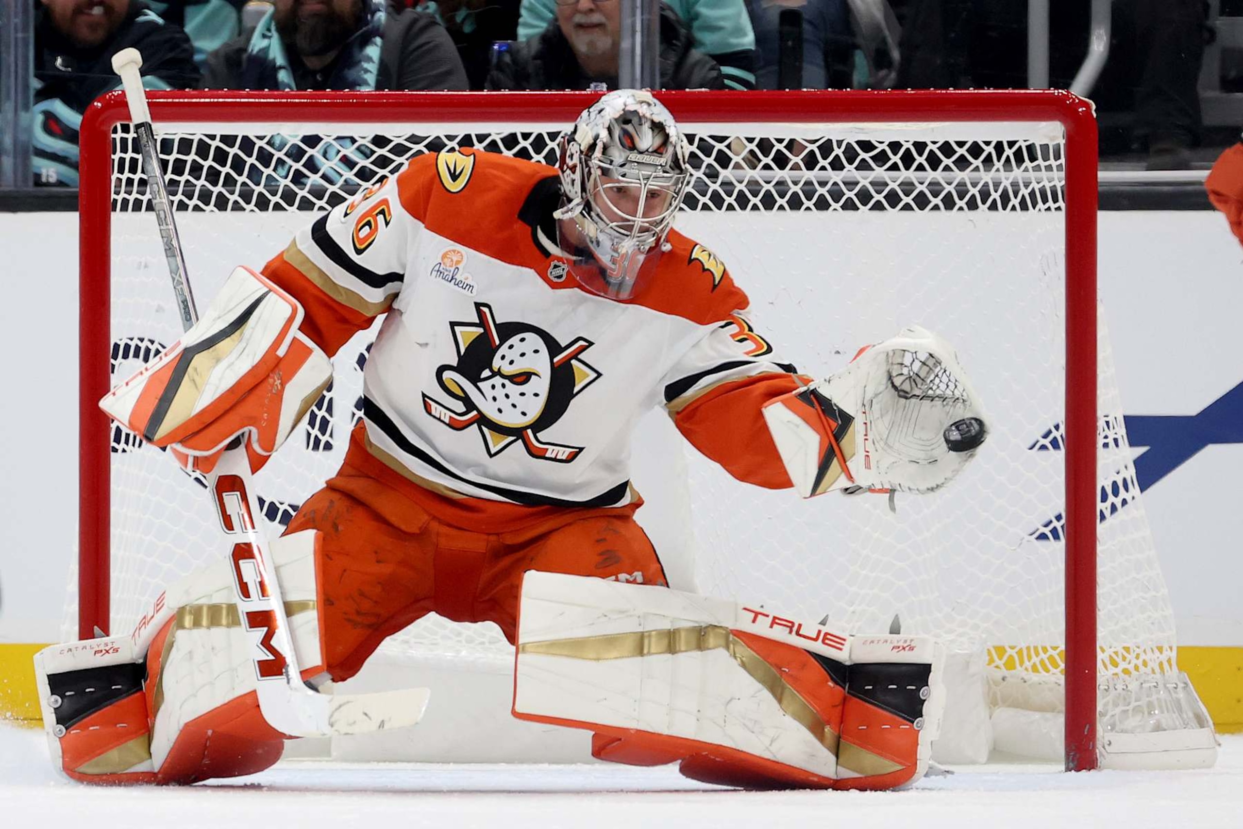 SEATTLE, WASHINGTON - NOVEMBER 27: John Gibson #36 of the Anaheim Ducks makes a save against the Seattle Kraken during the third period at Climate Pledge Arena on November 27, 2024 in Seattle, Washington. (Photo by Steph Chambers/Getty Images)