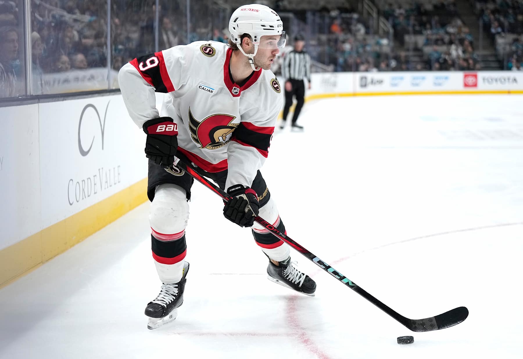 SAN JOSE, CALIFORNIA - NOVEMBER 27: Josh Norris #9 of the Ottawa Senators skates with the puck against the San Jose Sharks during the first period of an NHL hockey game at SAP Center on November 27, 2024 in San Jose, California. (Photo by Thearon W. Henderson/Getty Images)