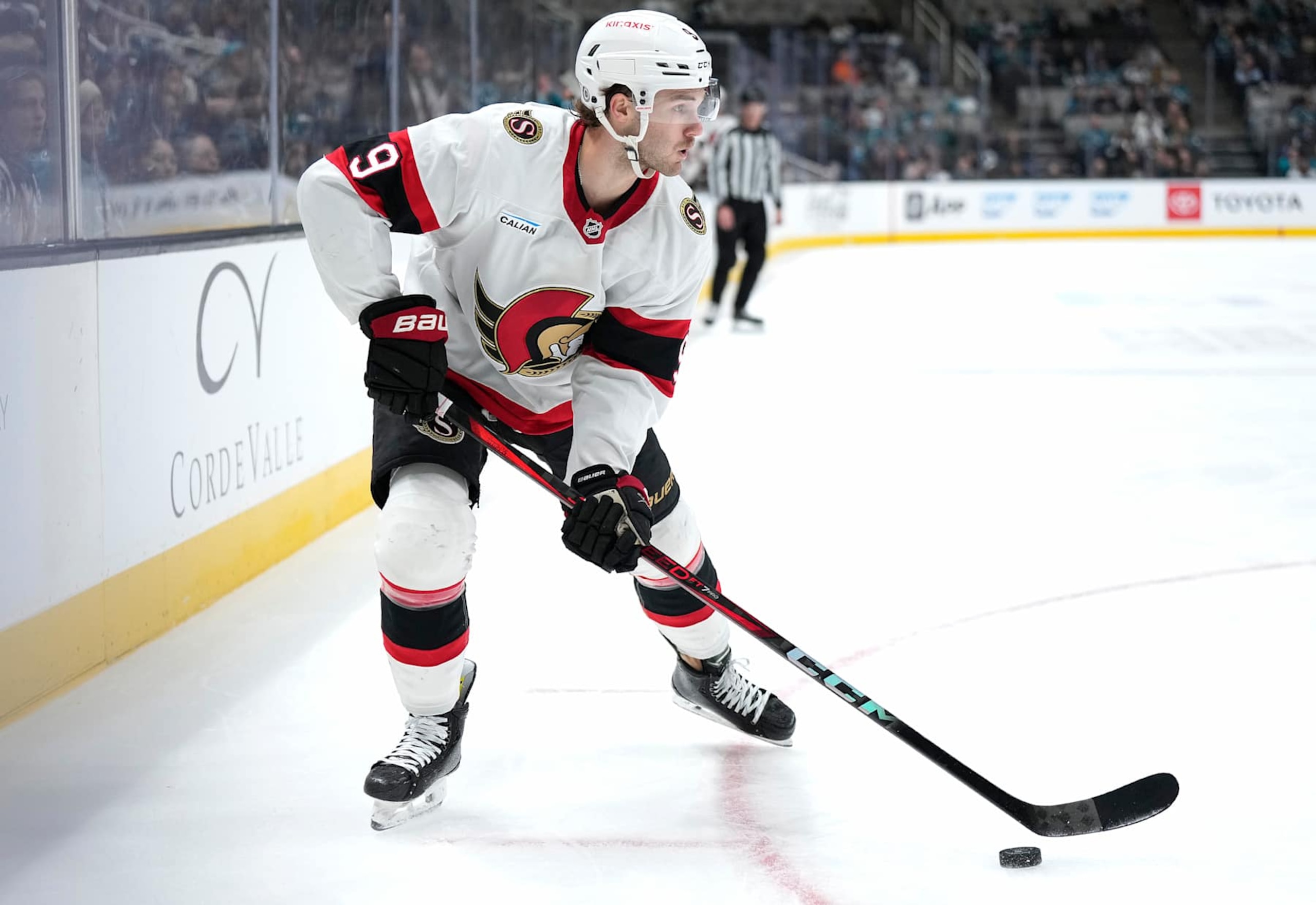 SAN JOSE, CALIFORNIA - NOVEMBER 27: Josh Norris #9 of the Ottawa Senators skates with the puck against the San Jose Sharks during the first period of an NHL hockey game at SAP Center on November 27, 2024 in San Jose, California. (Photo by Thearon W. Henderson/Getty Images)