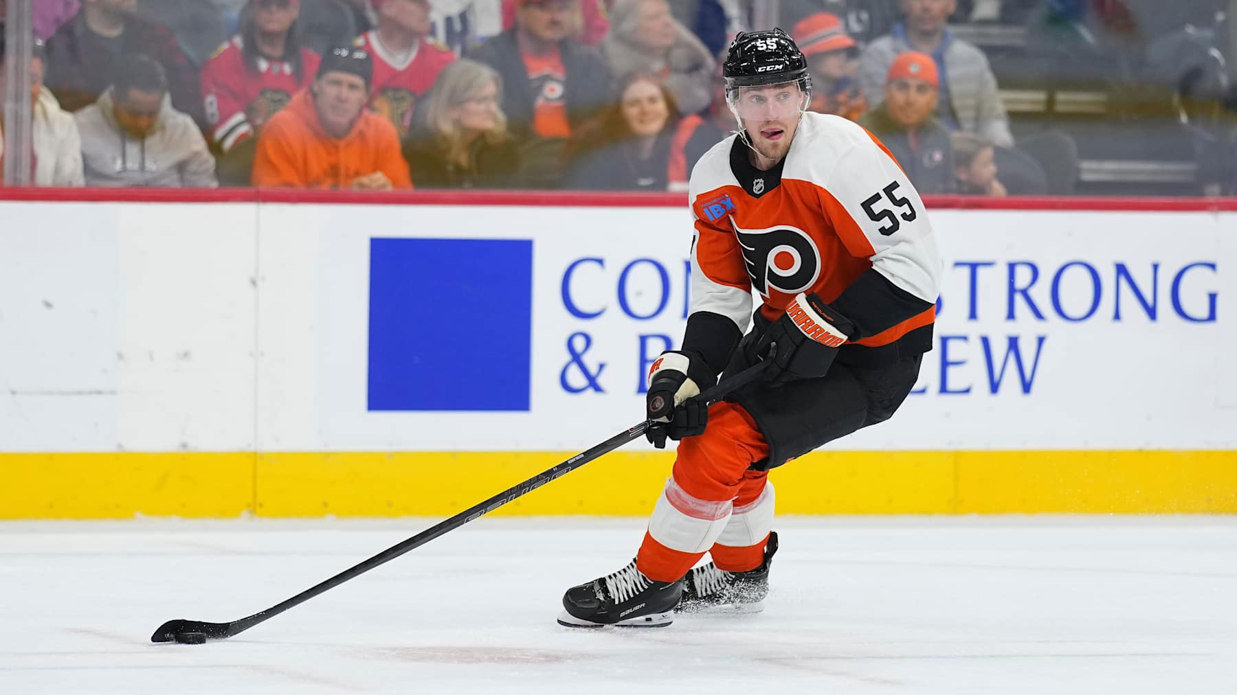 PHILADELPHIA, PENNSYLVANIA - NOVEMBER 23: Rasmus Ristolainen #55 of the Philadelphia Flyers controls the puck against the Chicago Blackhawks at the Wells Fargo Center on November 23, 2024 in Philadelphia, Pennsylvania. The Flyers defeated the Blackhawks 3-2 in overtime. (Photo by Mitchell Leff/Getty Images)