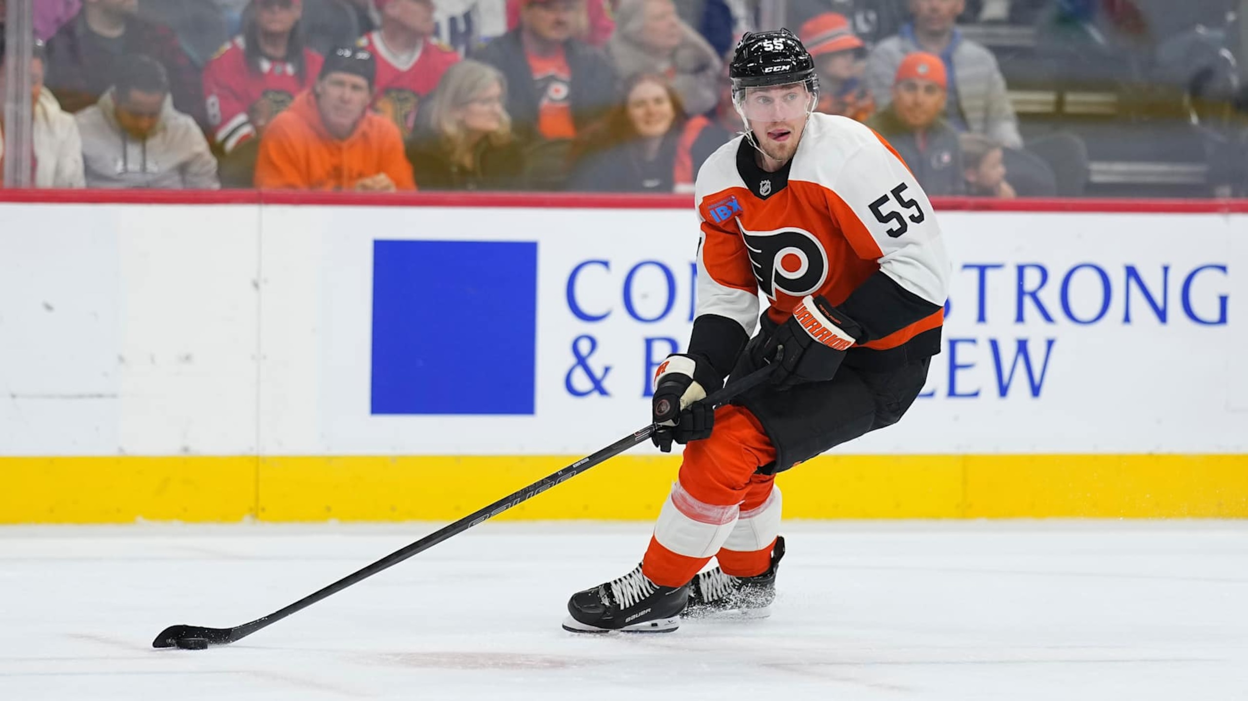 PHILADELPHIA, PENNSYLVANIA - NOVEMBER 23: Rasmus Ristolainen #55 of the Philadelphia Flyers controls the puck against the Chicago Blackhawks at the Wells Fargo Center on November 23, 2024 in Philadelphia, Pennsylvania. The Flyers defeated the Blackhawks 3-2 in overtime. (Photo by Mitchell Leff/Getty Images)