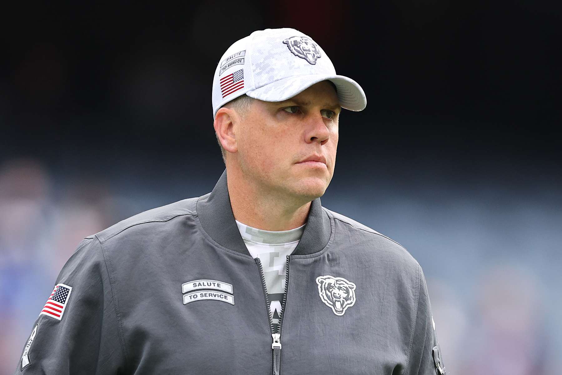 CHICAGO, ILLINOIS - NOVEMBER 10: Offensive coordinator Shane Waldron of the Chicago Bears looks on prior to the game against the New England Patriots at Soldier Field on November 10, 2024 in Chicago, Illinois. (Photo by Michael Reaves/Getty Images)
