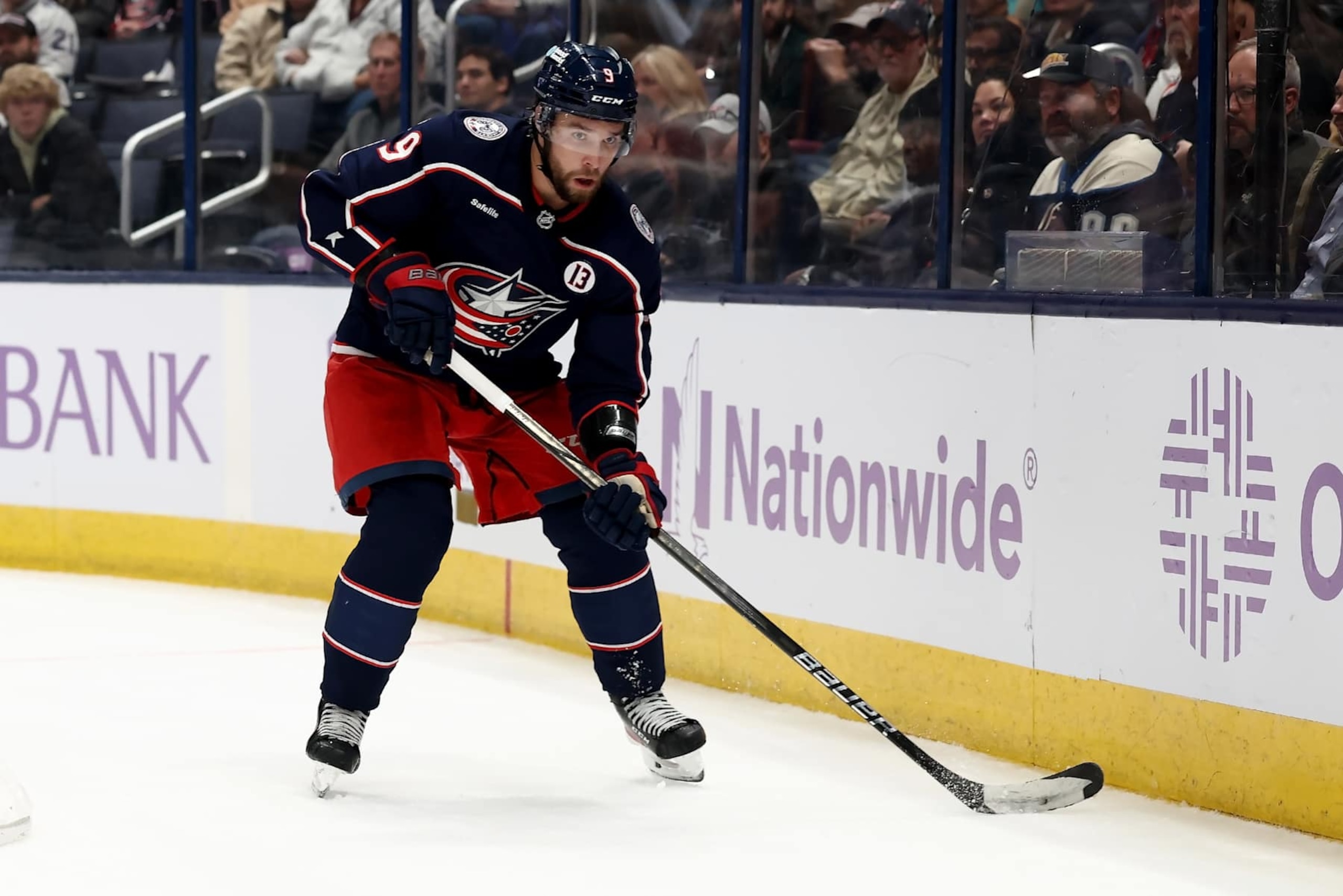 COLUMBUS, OHIO - NOVEMBER 21:  Ivan Provorov #9 of the Columbus Blue Jackets controls the puck during the game against the Tampa Bay Lightning at Nationwide Arena on November 21, 2024 in Columbus, Ohio. (Photo by Kirk Irwin/NHLI via Getty Images)