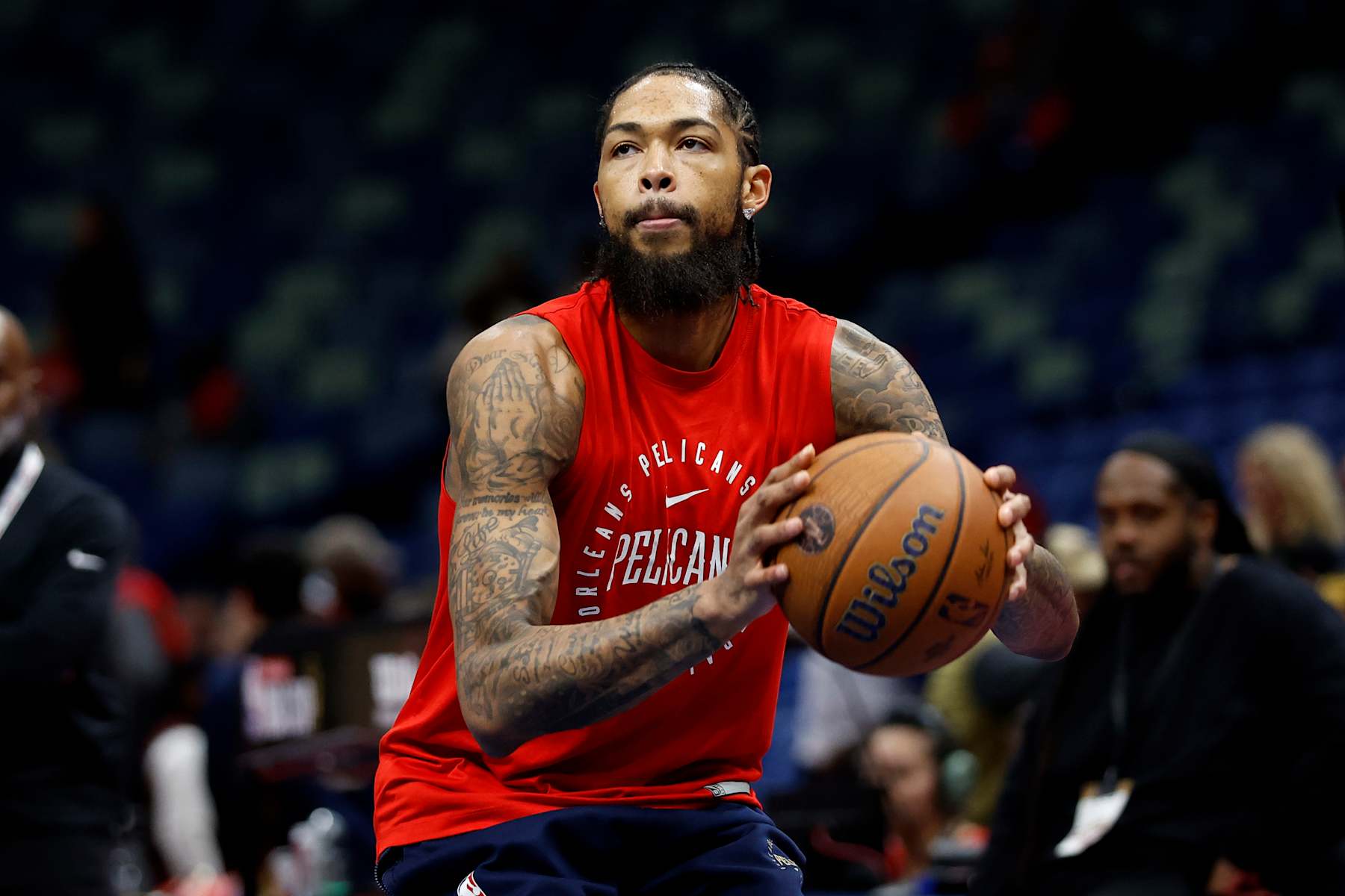 NEW ORLEANS, LOUISIANA - NOVEMBER 22: Brandon Ingram #14 of the New Orleans Pelicans warms up prior to a game against the Golden State Warriors in the Emirates NBA Cup at Smoothie King Center on November 22, 2024 in New Orleans, Louisiana. NOTE TO USER: User expressly acknowledges and agrees that, by downloading and or using this photograph, User is consenting to the terms and conditions of the Getty Images License Agreement. #Photo by Tyler Kaufman/Getty Images)