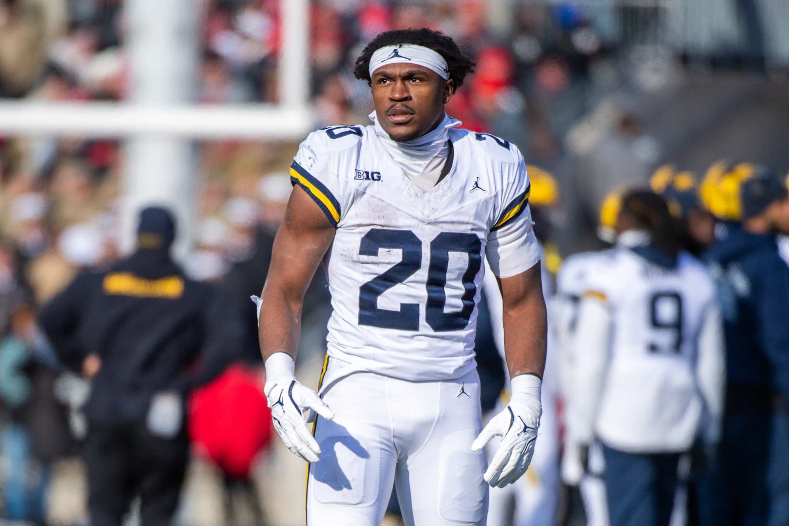COLUMBUS, OHIO - NOVEMBER 30: Kalel Mullings #20 of the Michigan Wolverines is seen on the field during the first half of a college football game against the Ohio State Buckeyes at Ohio Stadium on November 30, 2024 in Columbus, OH. (Photo by Aaron J. Thornton/Getty Images)