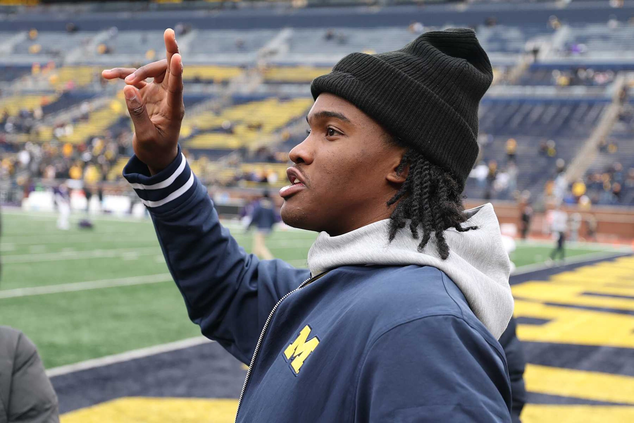 ANN ARBOR, MICHIGAN - NOVEMBER 23: 5-Star quarterback Michigan commitment Bryce Underwood on the field prior to the Michigan Wolverines playing the Northwestern Wildcats at Michigan Stadium on November 23, 2024 in Ann Arbor, Michigan. (Photo by Gregory Shamus/Getty Images)