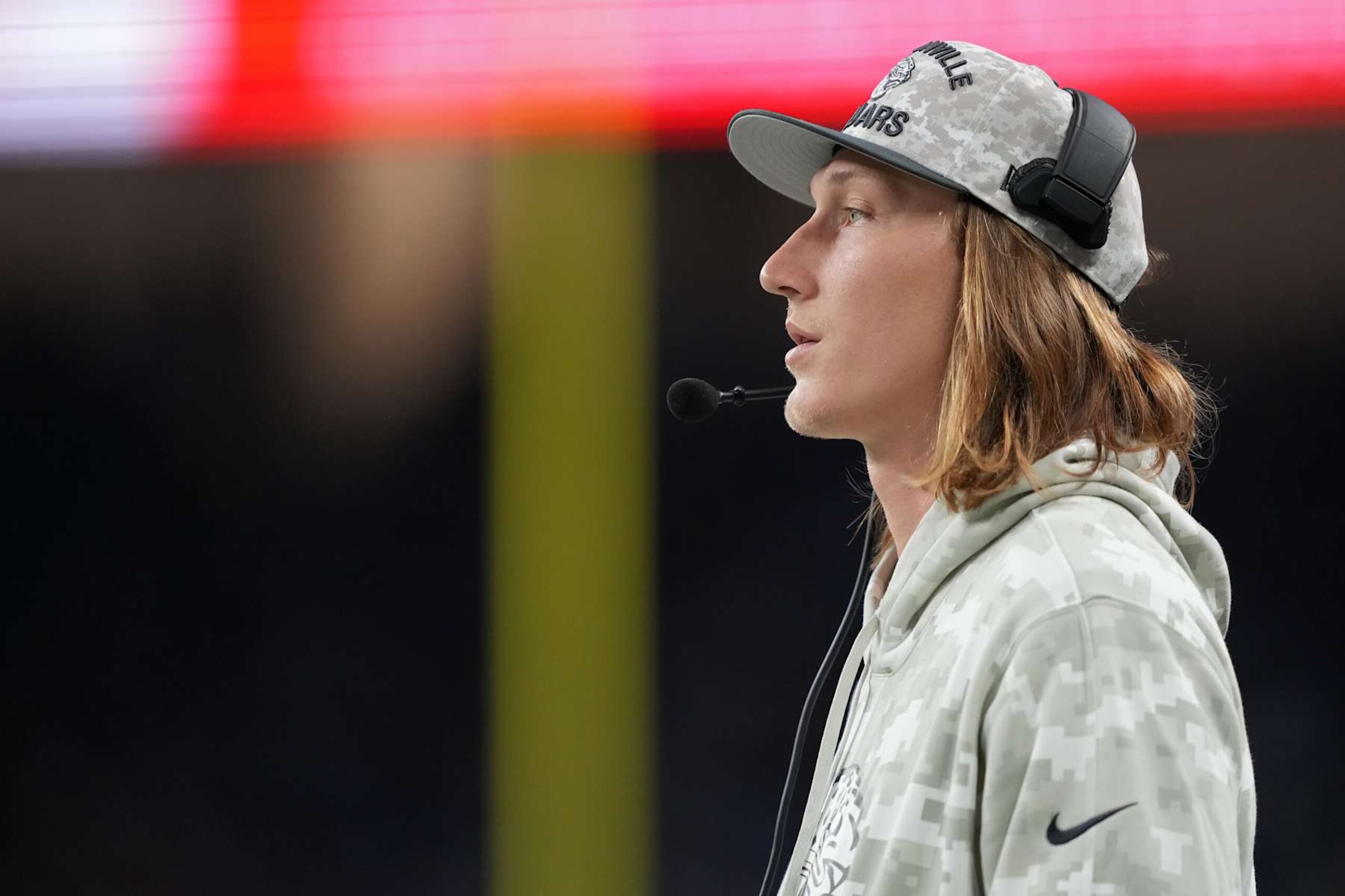 DETROIT, MICHIGAN - NOVEMBER 17: Trevor Lawrence #16 of the Jacksonville Jaguars looks on in the third quarter of a game against the Detroit Lions at Ford Field on November 17, 2024 in Detroit, Michigan. (Photo by Nic Antaya/Getty Images)