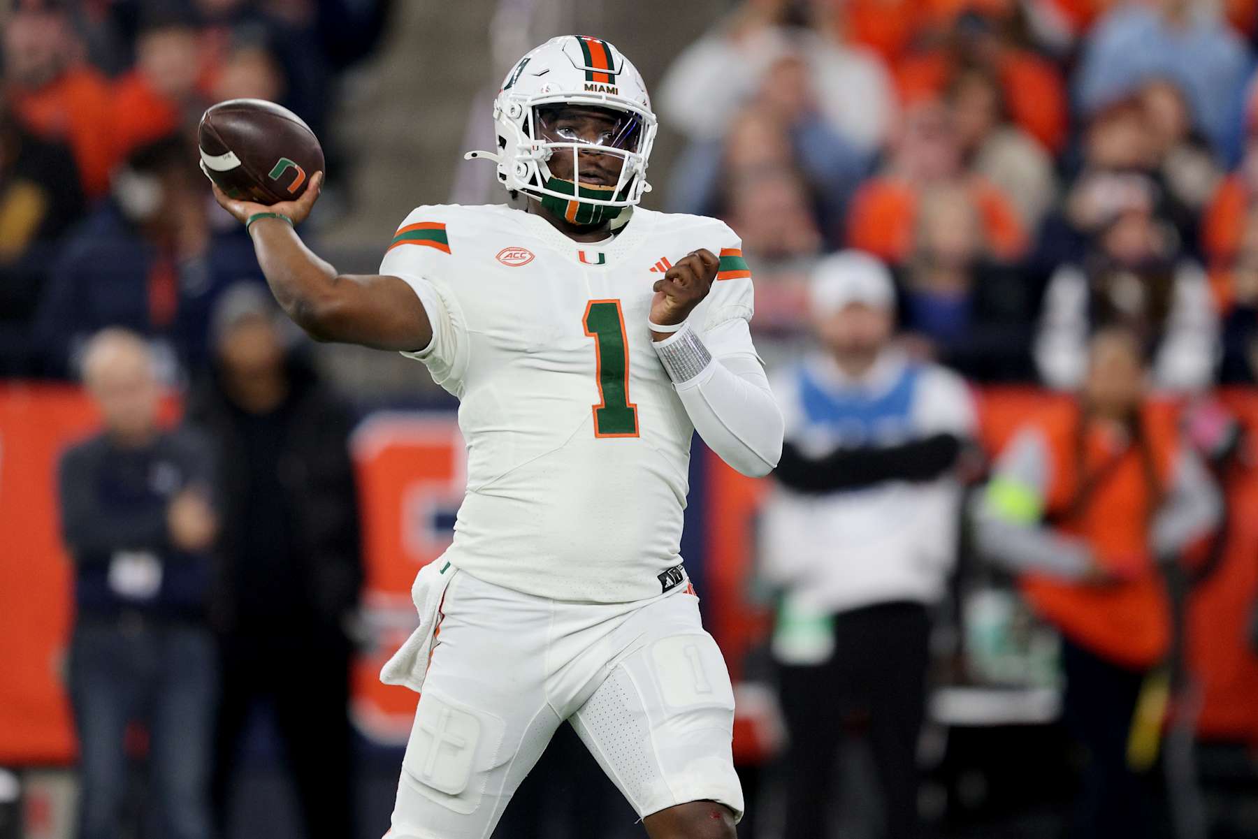 SYRACUSE, NEW YORK - NOVEMBER 30: Cam Ward #1 of the Miami Hurricanes throws a pass during the second quarter against the Syracuse Orange at JMA Wireless Dome on November 30, 2024 in Syracuse, New York. (Photo by Bryan M. Bennett/Getty Images) SYRACUSE, NEW YORK - NOVEMBER 30: Cam Ward #1 of the Miami Hurricanes throws a pass during the second quarter against the Syracuse Orange at JMA Wireless Dome on November 30, 2024 in Syracuse, New York. (Photo by Bryan M. Bennett/Getty Images)