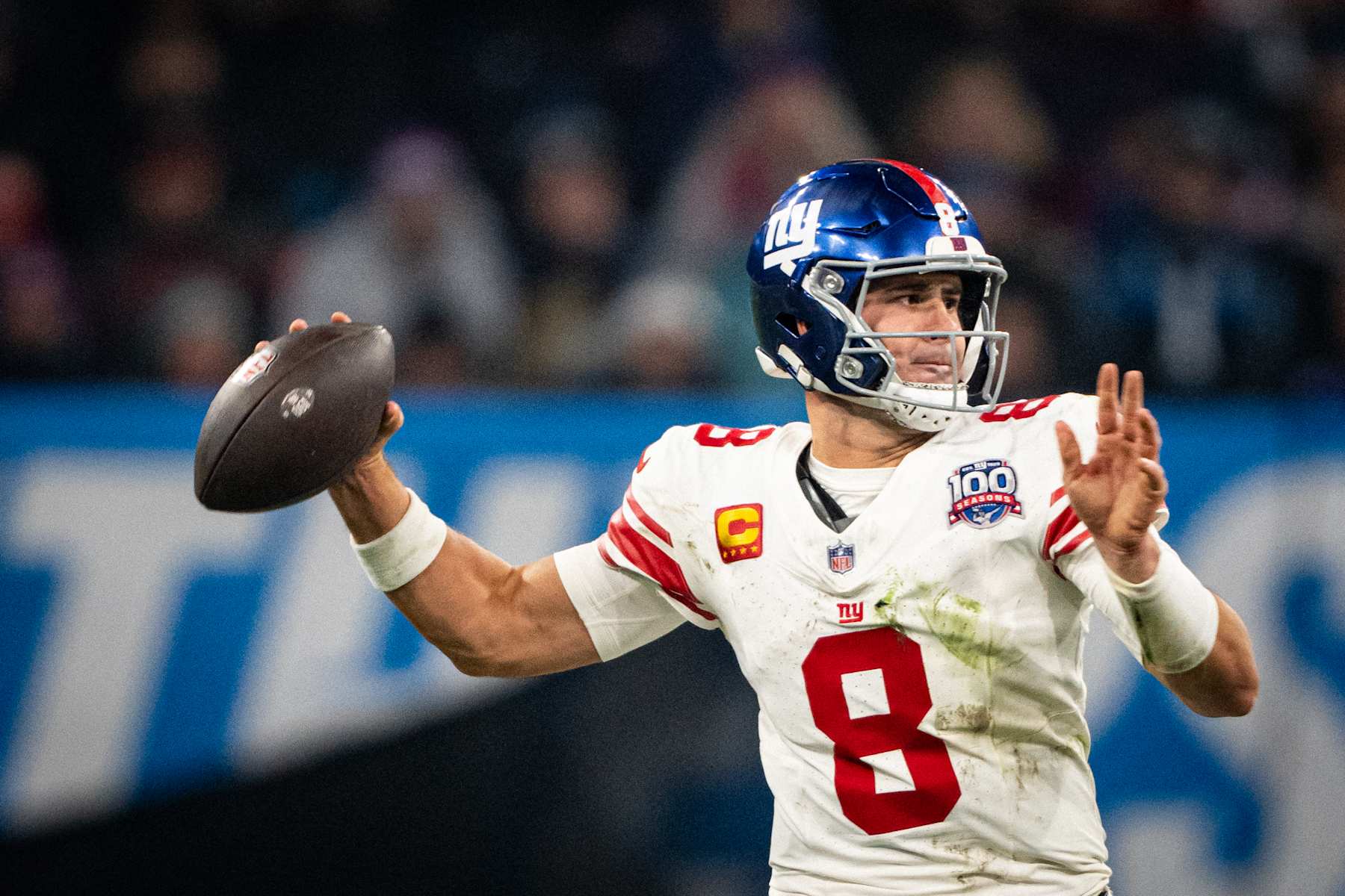 MUNICH, GERMANY - NOVEMBER 10: Daniel Jones of the New York Giants throws the ball during the NFL Munich Game 2024 between New York Giants and Carolina Panthers at Allianz Arena on November 10, 2024 in Munich, Germany. (Photo by F. Noever/FC Bayern via Getty Images)