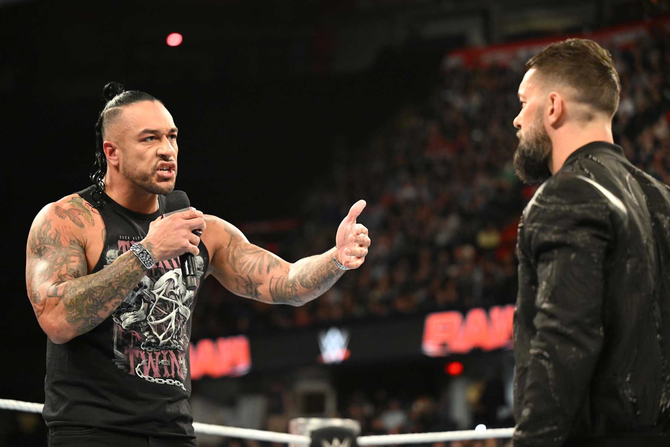 CALGARY, CANADA - SEPTEMBER 9: (L-R) Damian Priest faces off with Finn Balor during Monday Night RAW at the Scotiabank Saddledome on September 9, 2024 in Calgary, Canada. (Photo by WWE/Getty Images) CALGARY, CANADA - SEPTEMBER 9: (L-R) Damian Priest faces off with Finn Balor during Monday Night RAW at the Scotiabank Saddledome on September 9, 2024 in Calgary, Canada. (Photo by WWE/Getty Images)