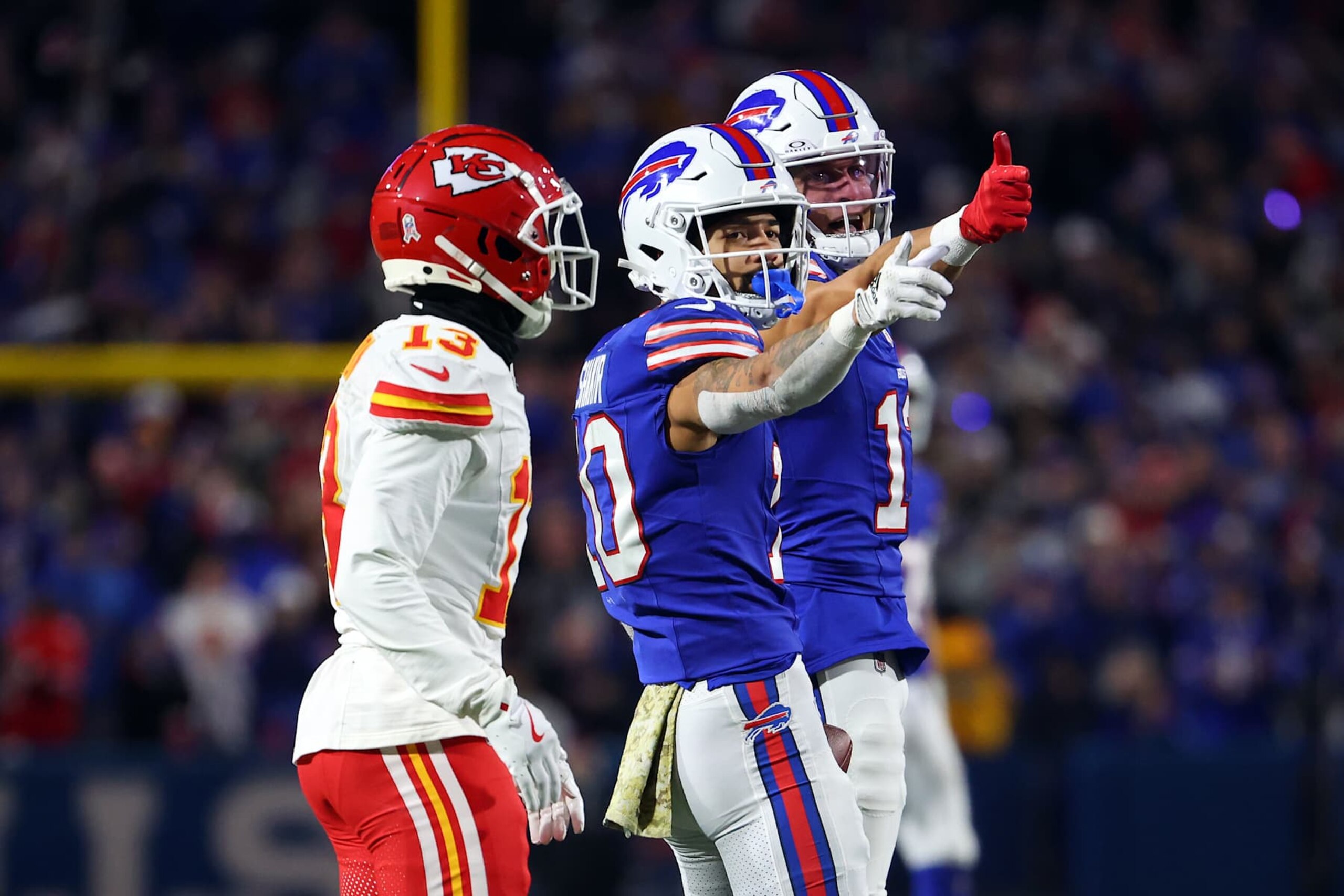 ORCHARD PARK, NEW YORK - NOVEMBER 17: Khalil Shakir #10 of the Buffalo Bills reacts after making a catch against the Kansas City Chiefs during the third quarter at Highmark Stadium on November 17, 2024 in Orchard Park, New York. (Photo by Timothy T Ludwig/Getty Images)