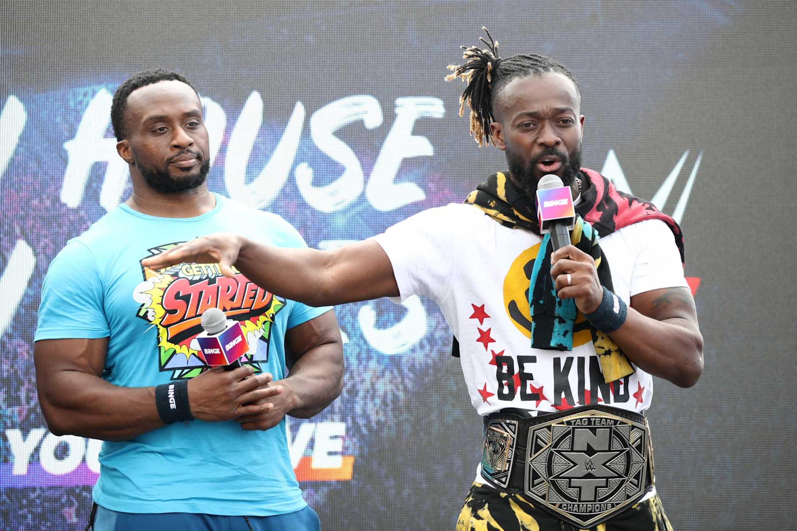 SYDNEY, AUSTRALIA - JANUARY 23: Big E and Kofi Kingston are interviewed during a media call at Bondi Beach on January 23, 2023 in Sydney, Australia. (Photo by Don Arnold/WireImage)