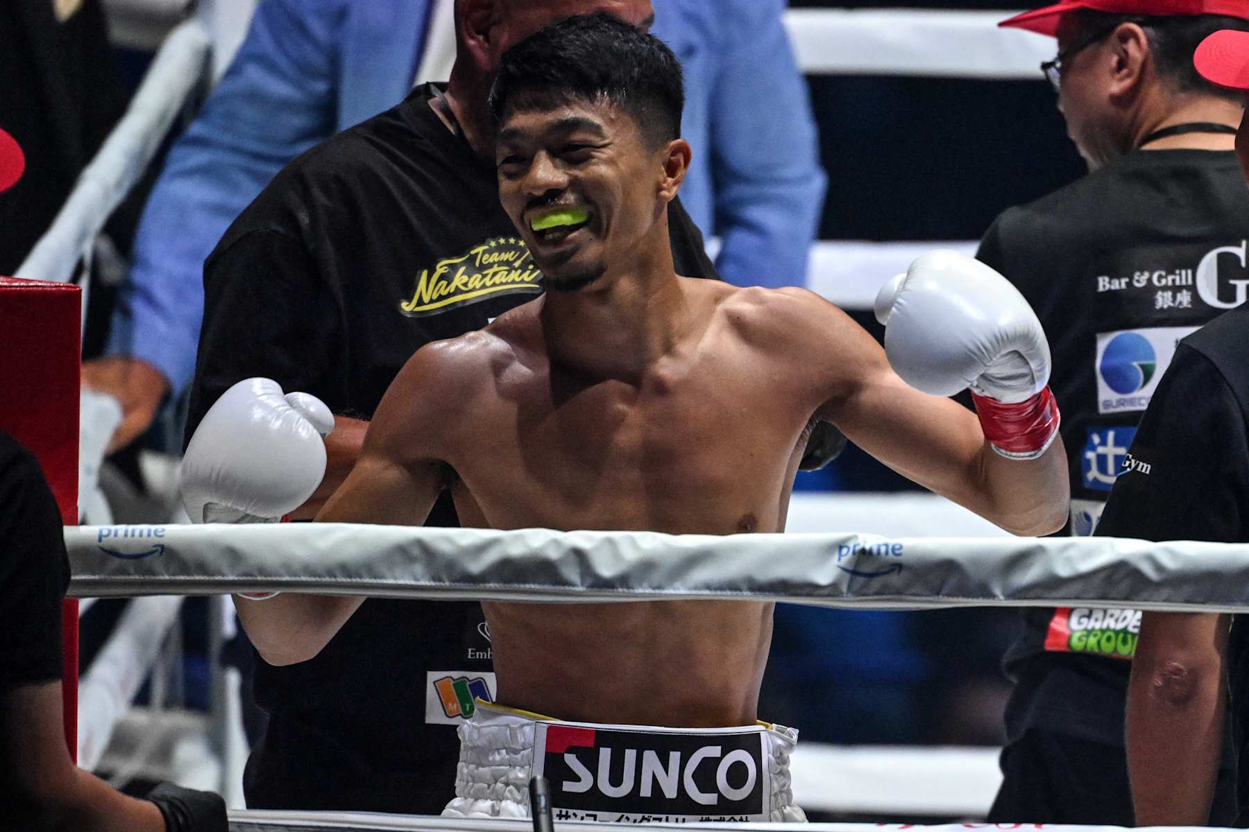 Japan's Junto Nakatani celebrates his victory over Philippines' Vincent Astrolabio in their WBC bantamweight title boxing match at Ryogoku Kokugikan in Tokyo on July 20, 2024. (Photo by Yuichi YAMAZAKI / AFP) (Photo by YUICHI YAMAZAKI/AFP via Getty Images)