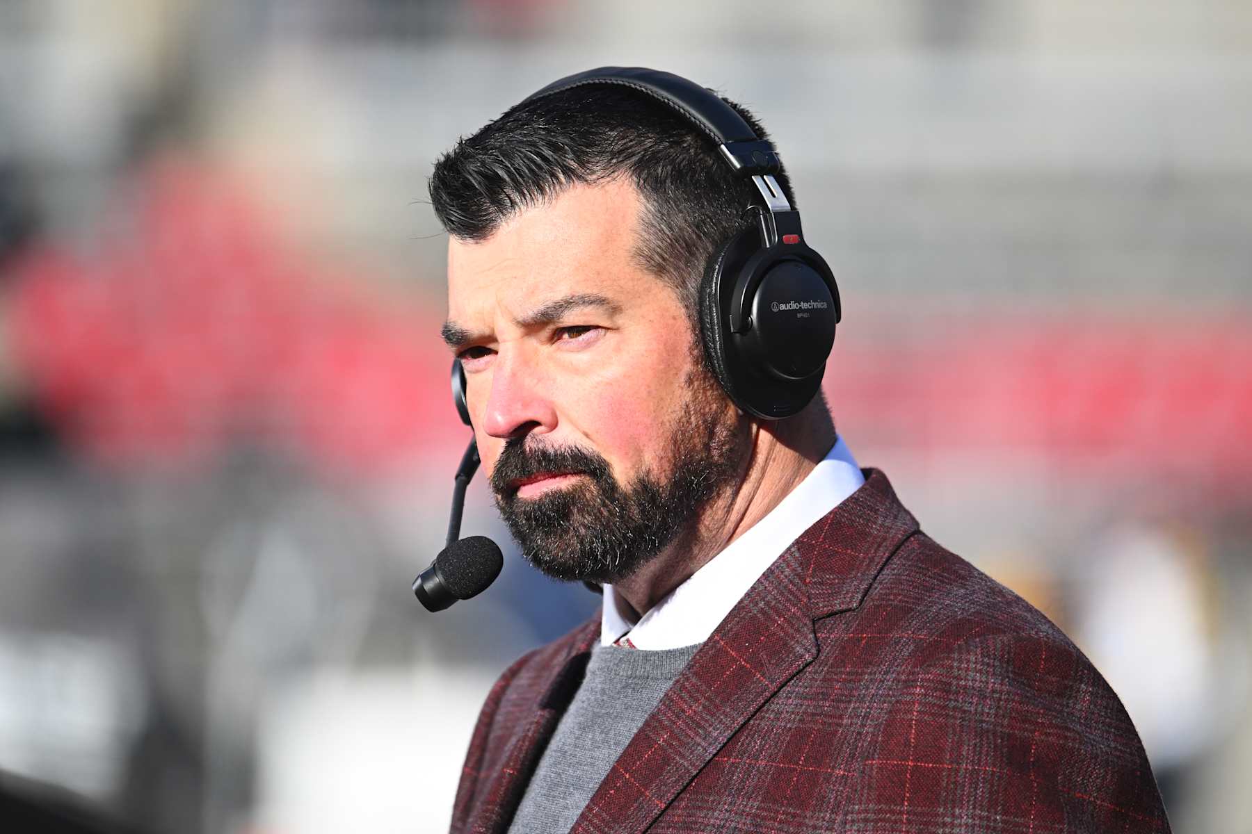 COLUMBUS, OHIO - NOVEMBER 30: Head coach Ryan Day of the Ohio State Buckeyes is interviewed prior to a game against the Michigan Wolverines at Ohio Stadium on November 30, 2024 in Columbus, Ohio. (Photo by Ben Jackson/Getty Images)