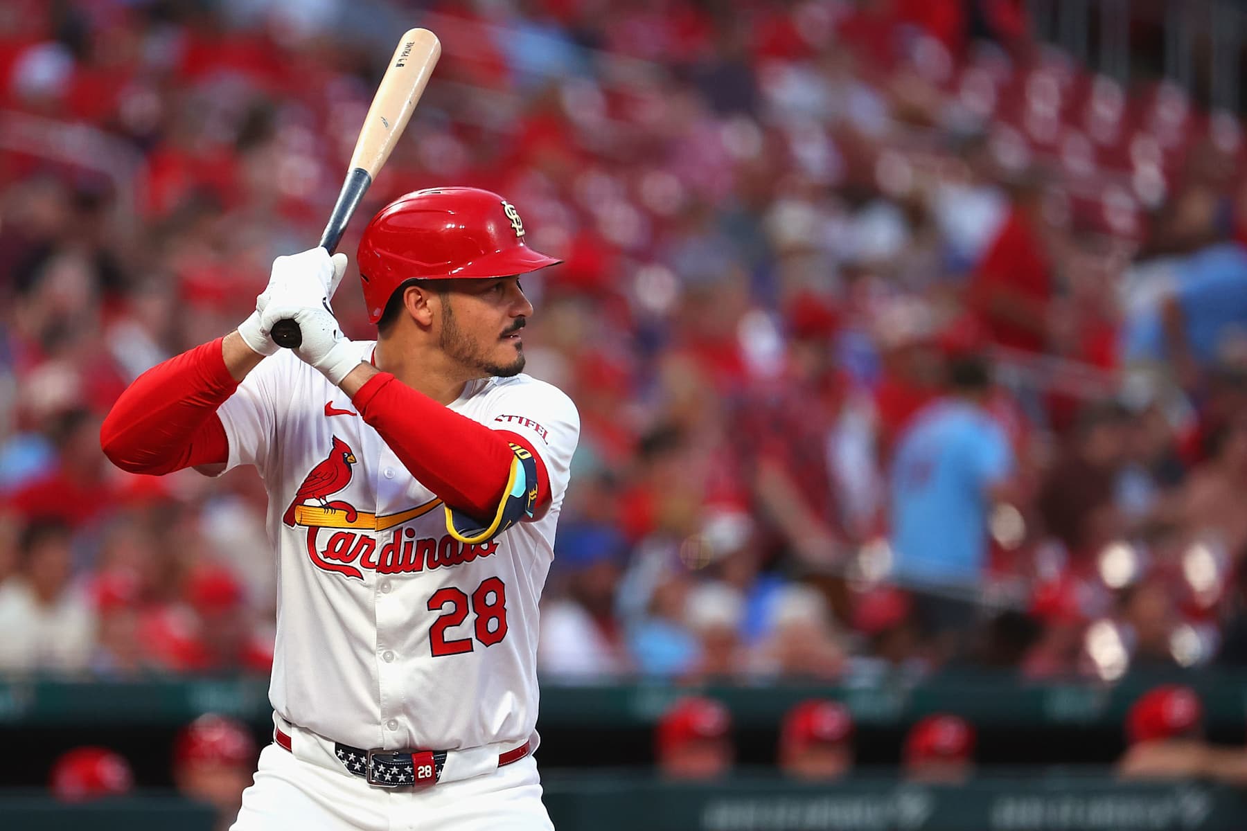 ST LOUIS, MISSOURI - SEPTEMBER 11: Nolan Arenado #28 of the St. Louis Cardinals wears a special best to commemorate 9/11 during a game against the Cincinnati Reds in the first inning at Busch Stadium on September 11, 2024 in St Louis, Missouri. (Photo by Dilip Vishwanat/Getty Images)